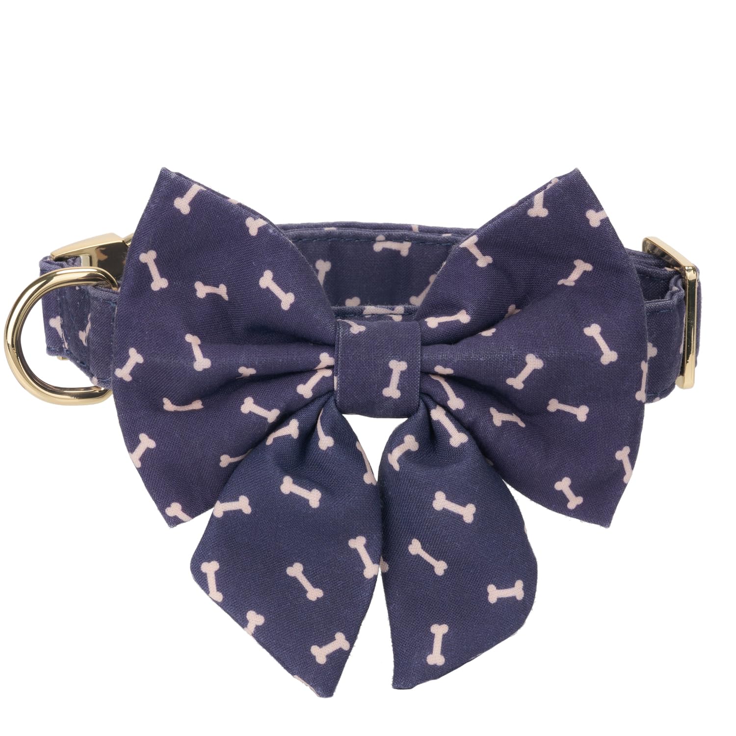 Wagging Tail Adjustable Lady Bow Tie And Collar For Small To Large Dogs, Puppy Collar With Bowtie - Comfort Soft Cotton (Navy Do