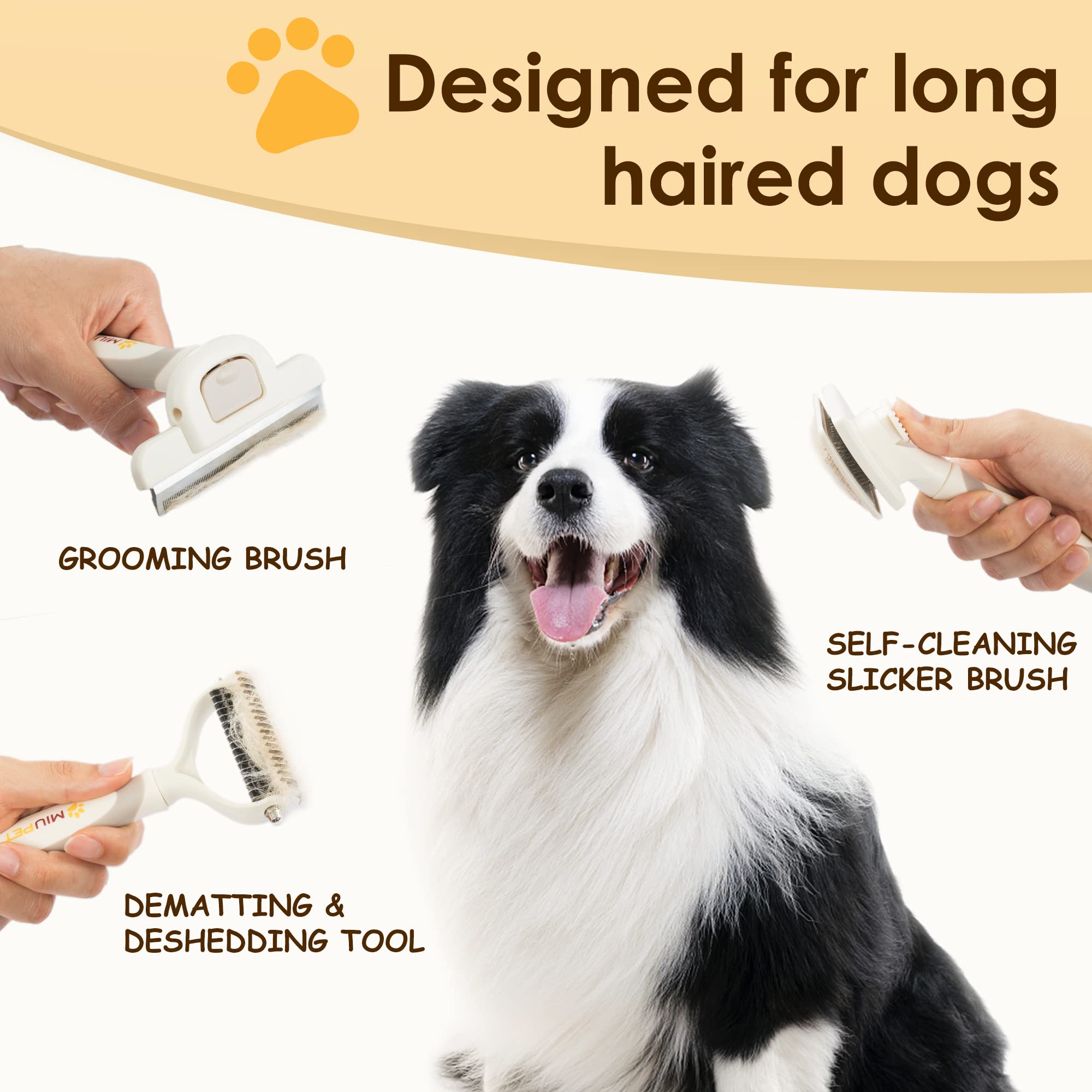 Miu Pet Professional Long-Haired Dog And Cat Grooming Kit - Deshedding And Slicker Brush Set 3 In 1 Gift Box For Long Hair Pets