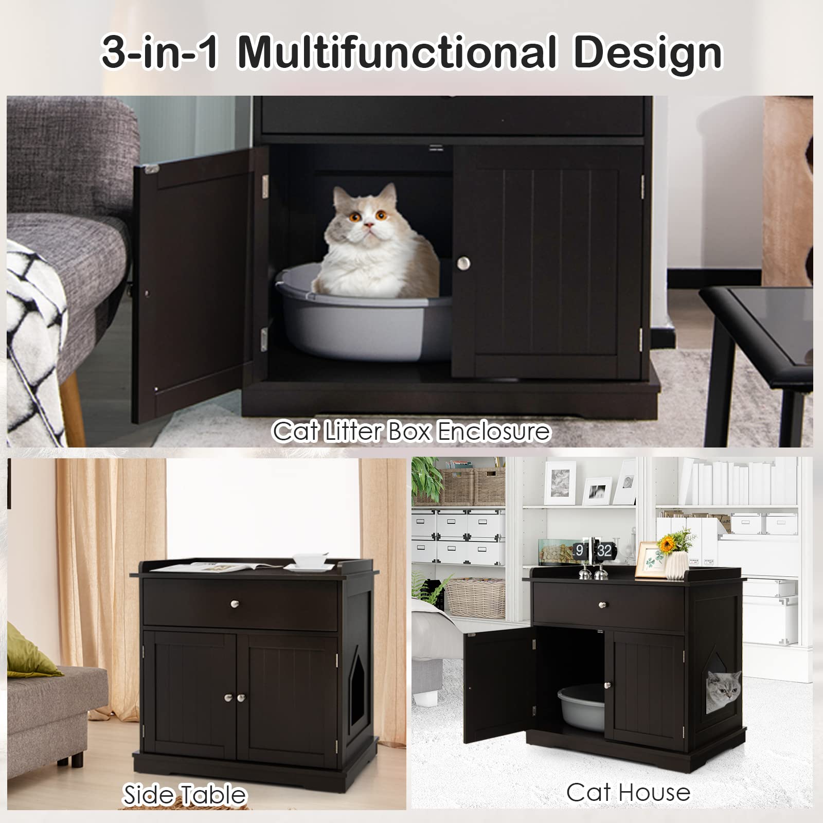 PETSITE Cat Litter Box Enclosure, Large Cat Washroom End Table with Drawer & 2 Doors, Wooden Cat House Storage Cabinet, Hidden L