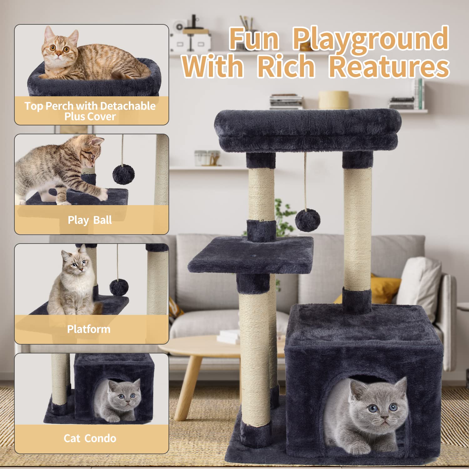 FISH&NAP Cat Tree Tower - Indoor Condo with Sisal Scratching Posts, Jump Platform, Smoky Grey