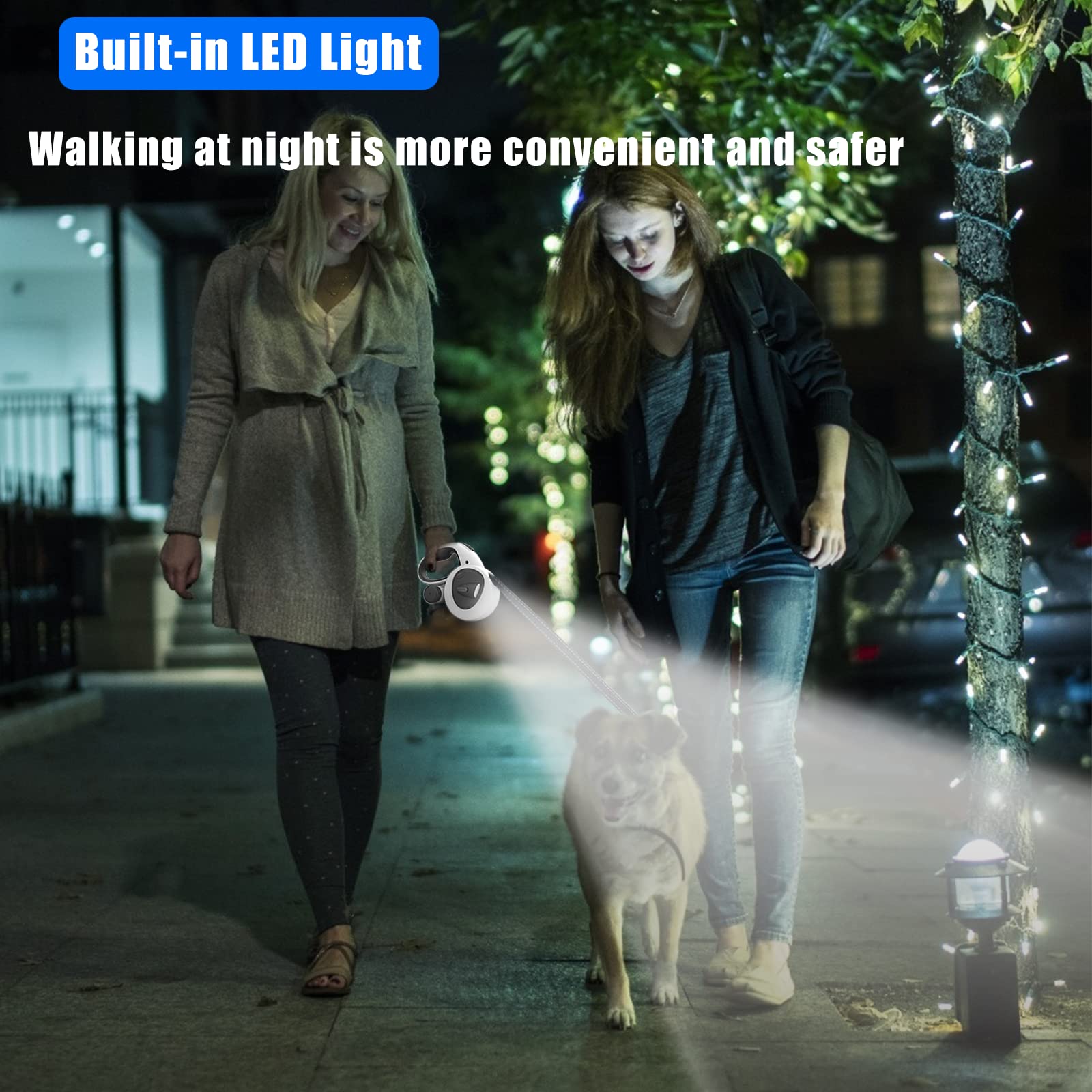 HCY&WLD 4-in-1 Retractable Dog Leash with LED Light, 16ft, Heavy Duty, Anti-Slip Handle, for Dogs up to 66lbs, Black&White