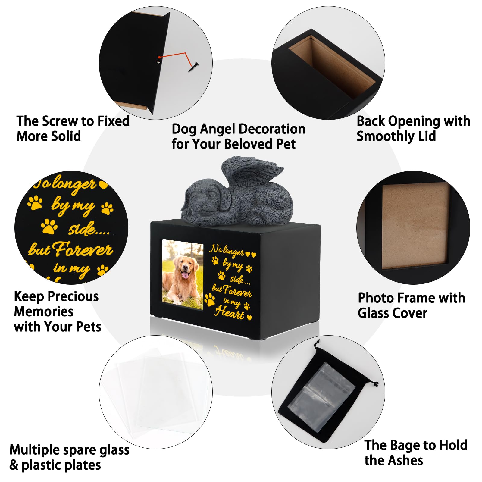 Pet Urns For Ashes, Large Wooden Pet Urns For Dog Or Cat Ashes With Dog Angel, Memorial Keepsake Memory Box With Photo Frame, Lo
