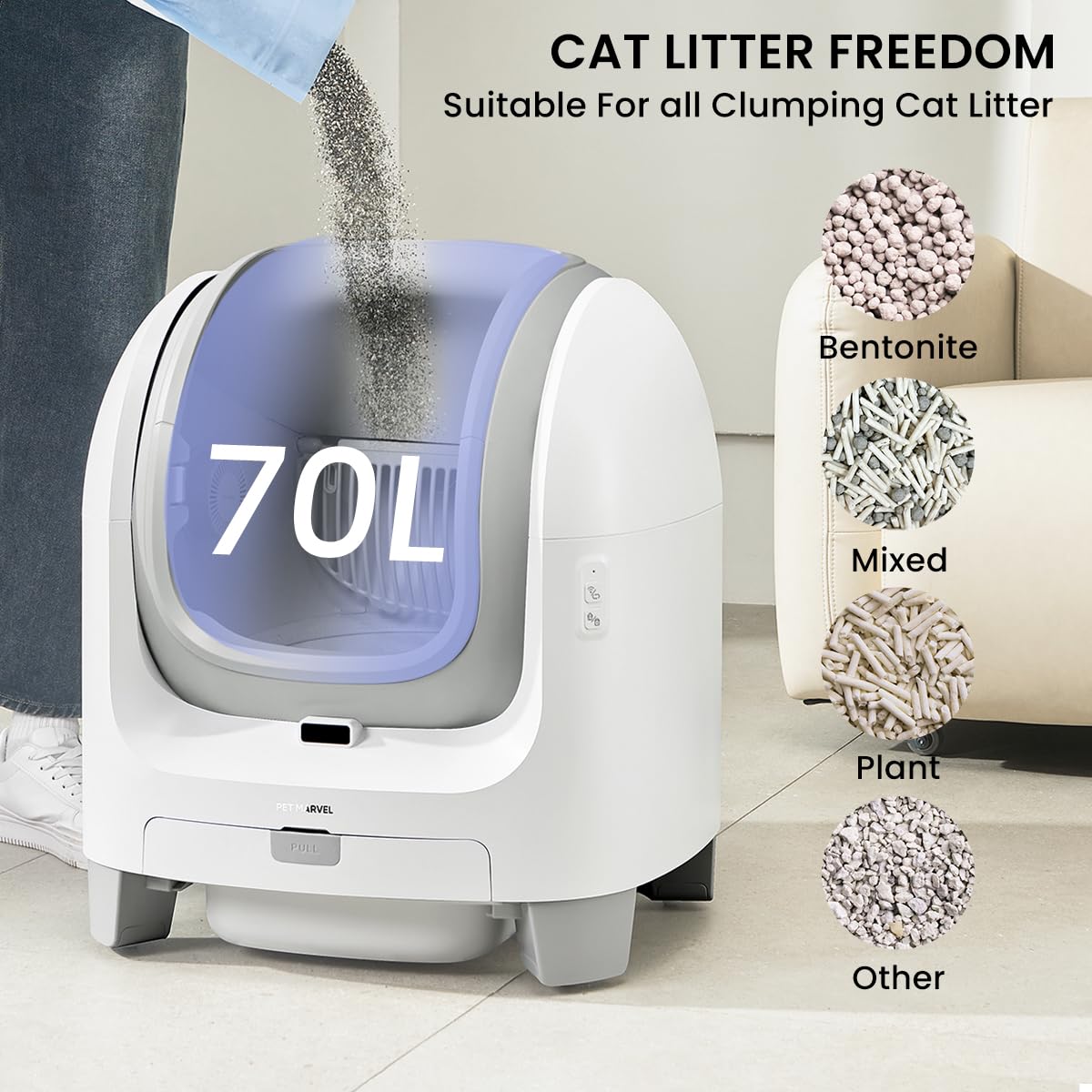 Pet Marvel Self-Cleaning Litter Box, Open-Top Automatic Litter Box For Cats, 70L Large Space For Multiple Cats, App Control/Easy