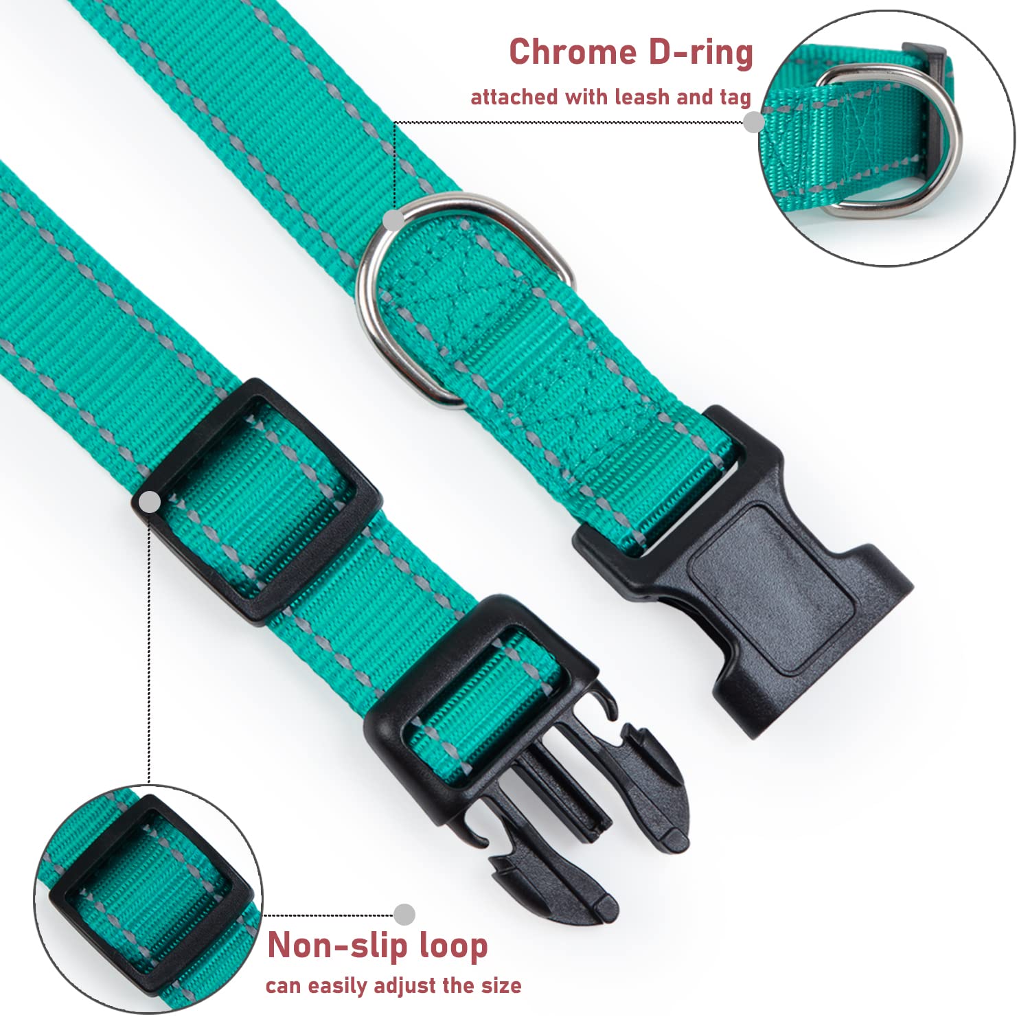 Reflective Dog Collar With Buckle Adjustable Safety Nylon Collars For Small Medium Large Dogs, Teal Xs