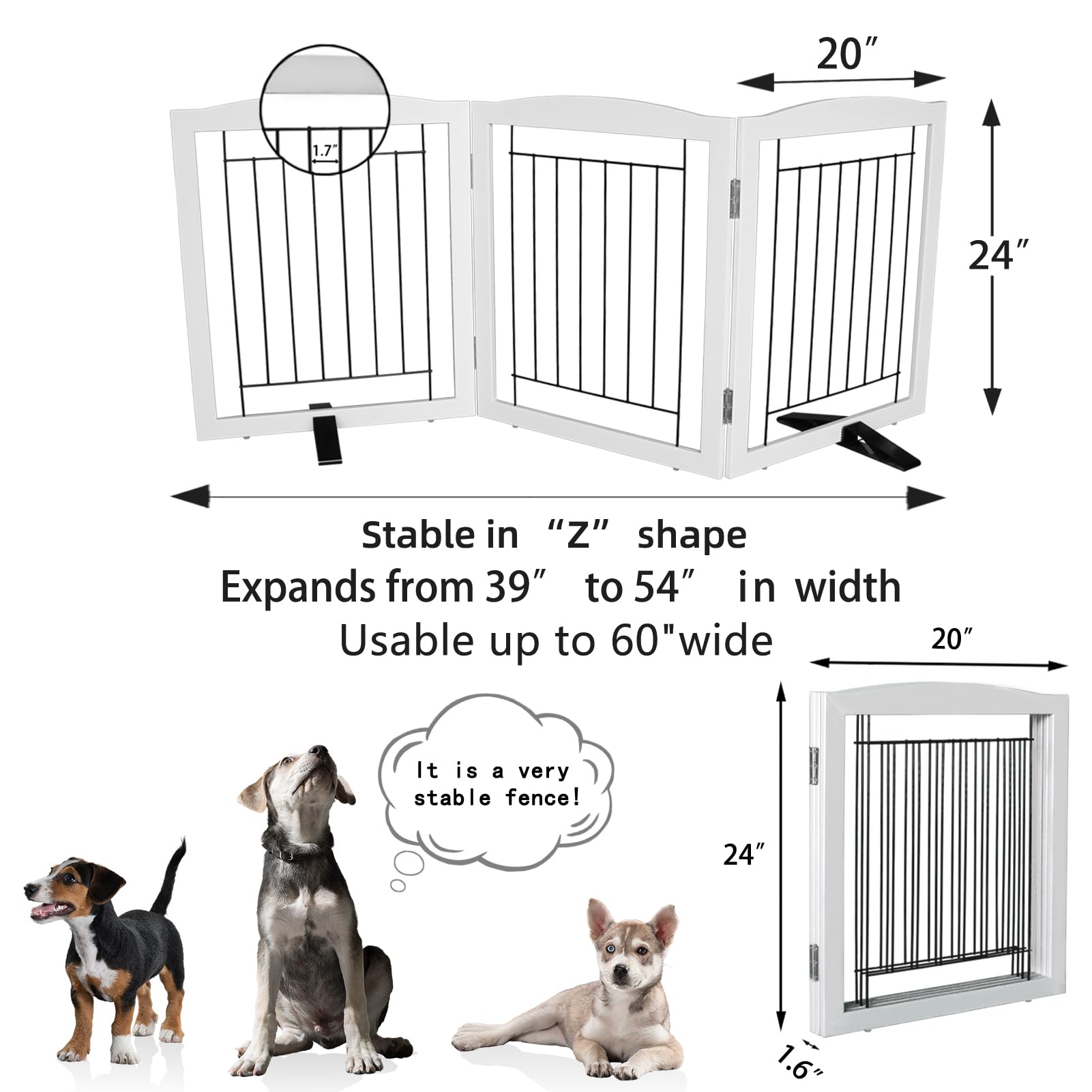 ZJSF Freestanding Dog Fence Indoor, Foldable Dog Gate for Doorways, Stairs or Hallways, Sturdy Wood Extra Wide Pet Gate with Sup