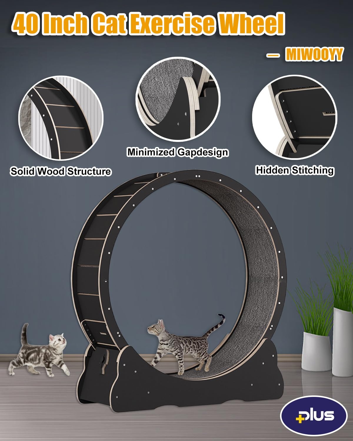 MIWOOYY Large Cat Exercise Wheel 40 inch - Natural Solid Wood Cat Wheel Exerciser for Indoor Cats, Safety Cat Treadmill with Loc