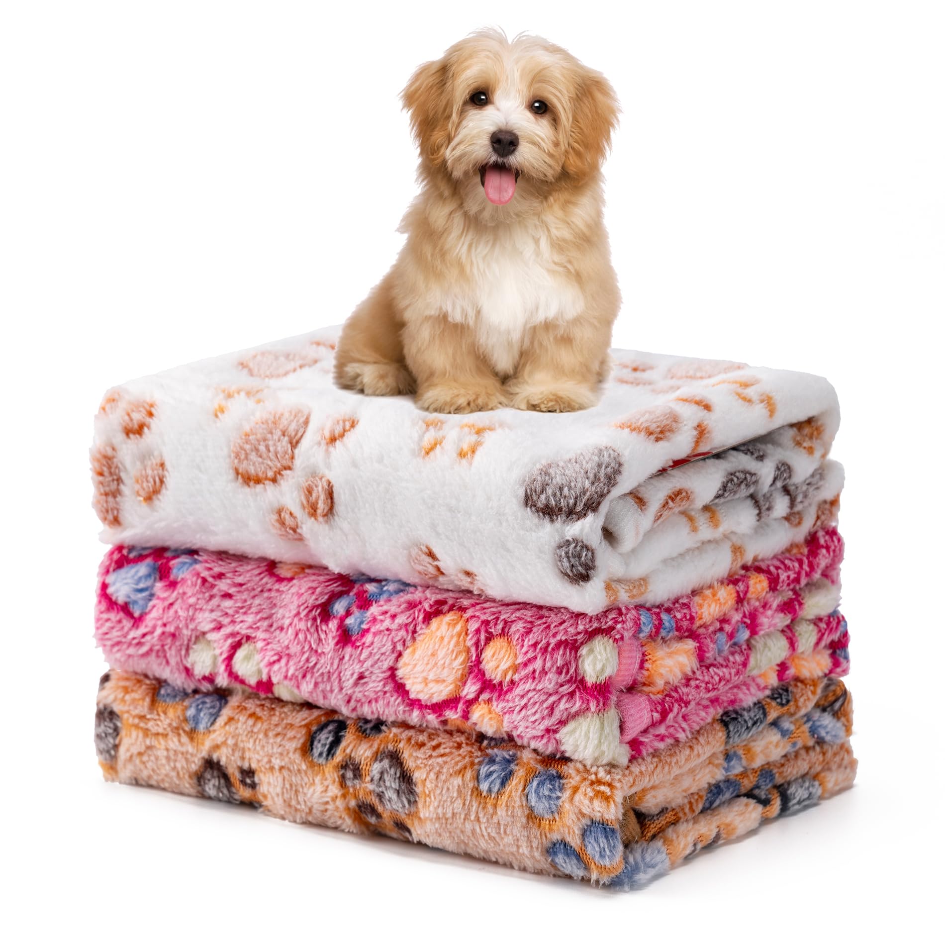 1 Pack 3 Blankets Fluffy Premium Fleece Soft Pet Blanket Flannel Throw for Cat Dog Puppy (Small 23x16, Paw-White/Pink/Brown)
