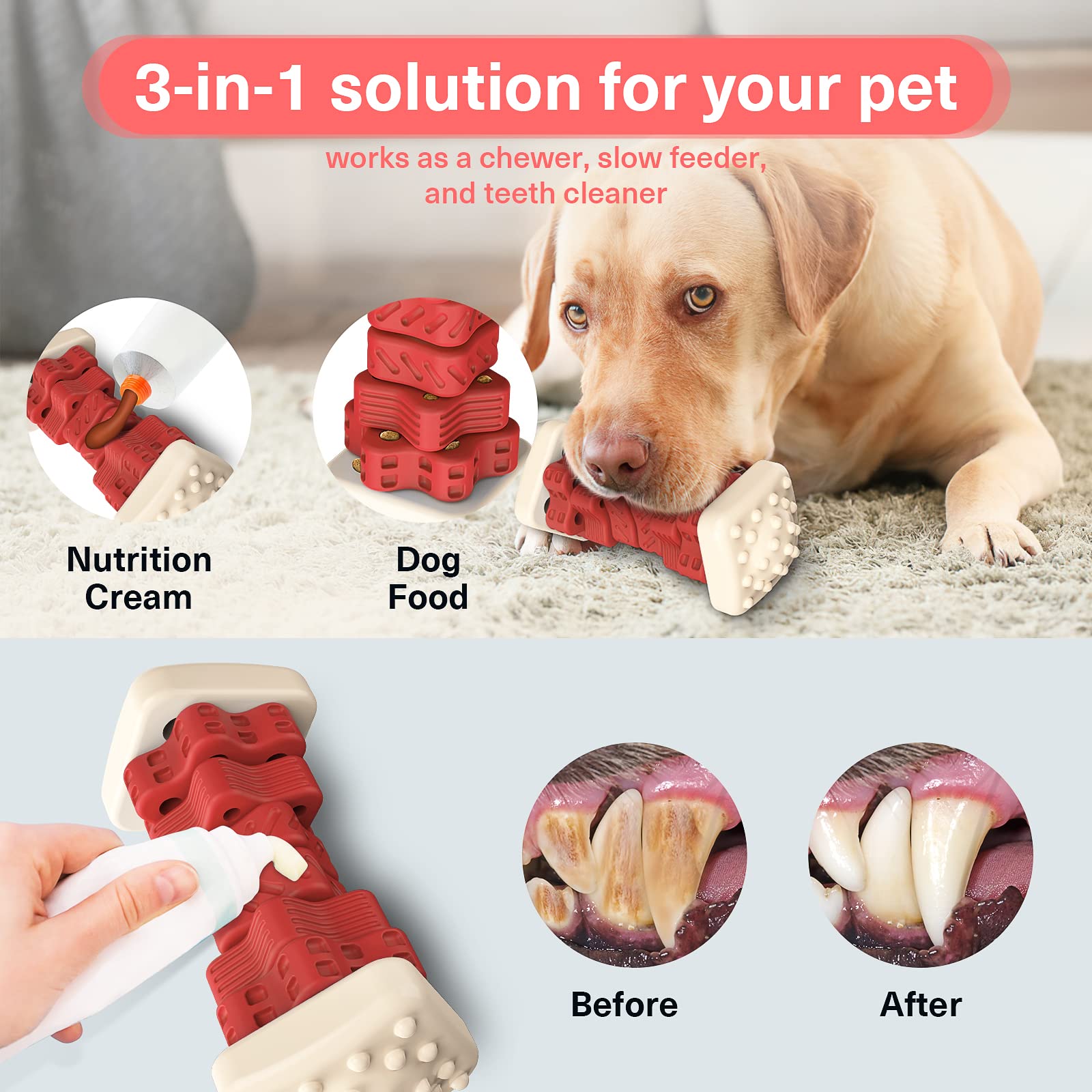 Pceotllar Dog Toys For Aggressive Chewers, Indestructible Dog Chew Toys, Safe Rubber, For Large Medium Small Dogs - Red -M