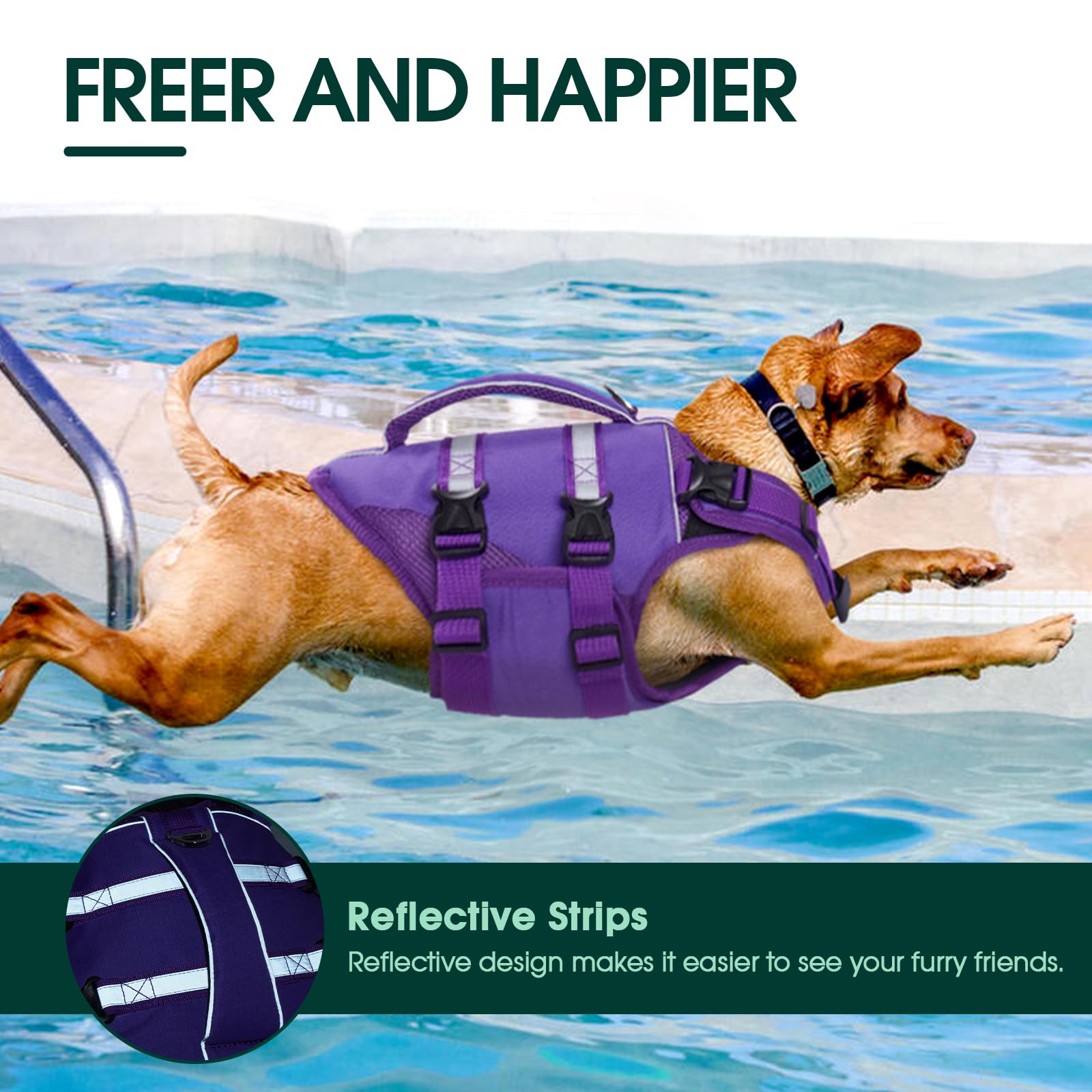 Kuoser Dog Life Jacket - High Flotation Vest for Swimming, Large Size, Purple, Durable Ripstop Oxford & Nylon, Reflective Safety Handle