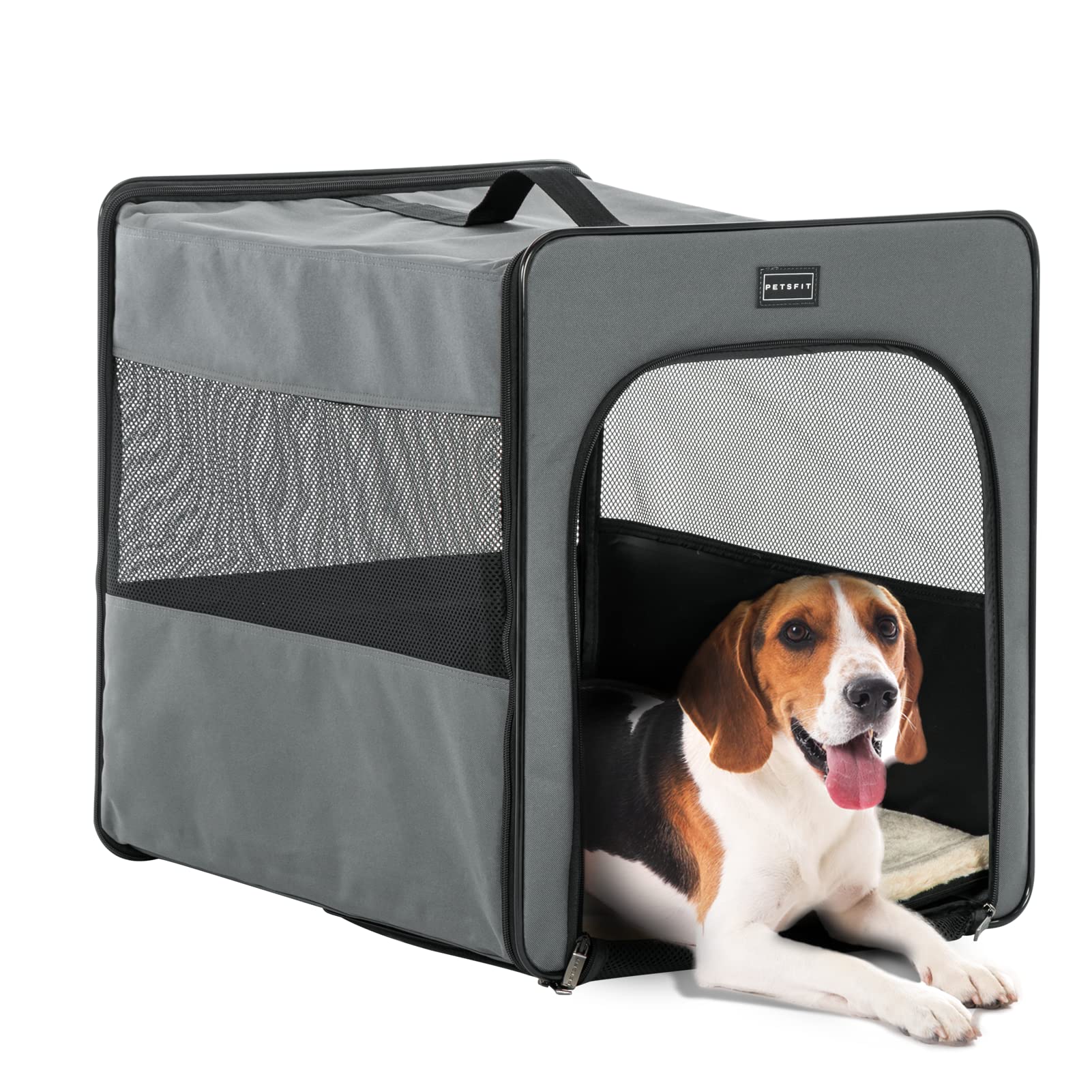 Petsfit Collapsible Dog Crate, Upgrade Zipper And Strengthen The Seam, To Prevent From Escaping, Dog Travel Crate 24 Inch Grey
