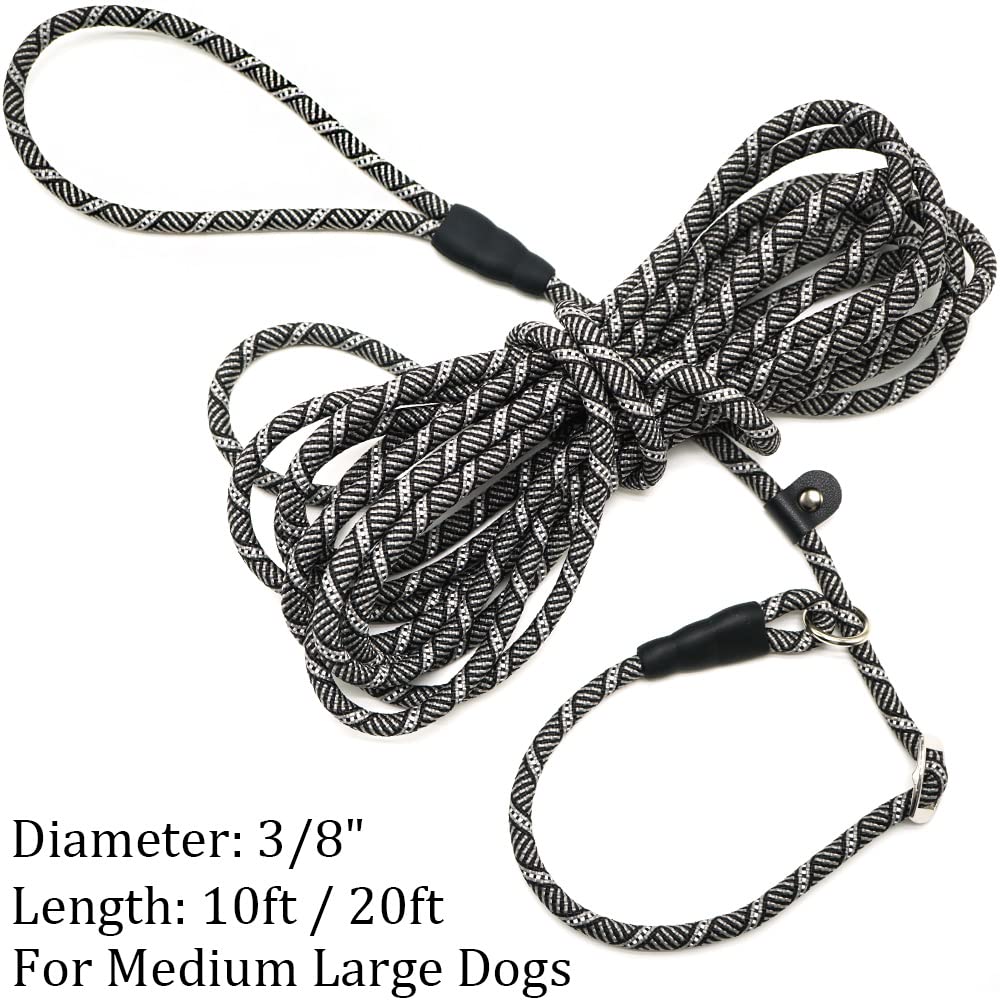 Yucforen 10Ft / 20Ft Long Slip Lead Dog Leash, 3/8'' Thick Nylon Reflective Rope Anti-Choke Training Lead For Medium Large Dogs
