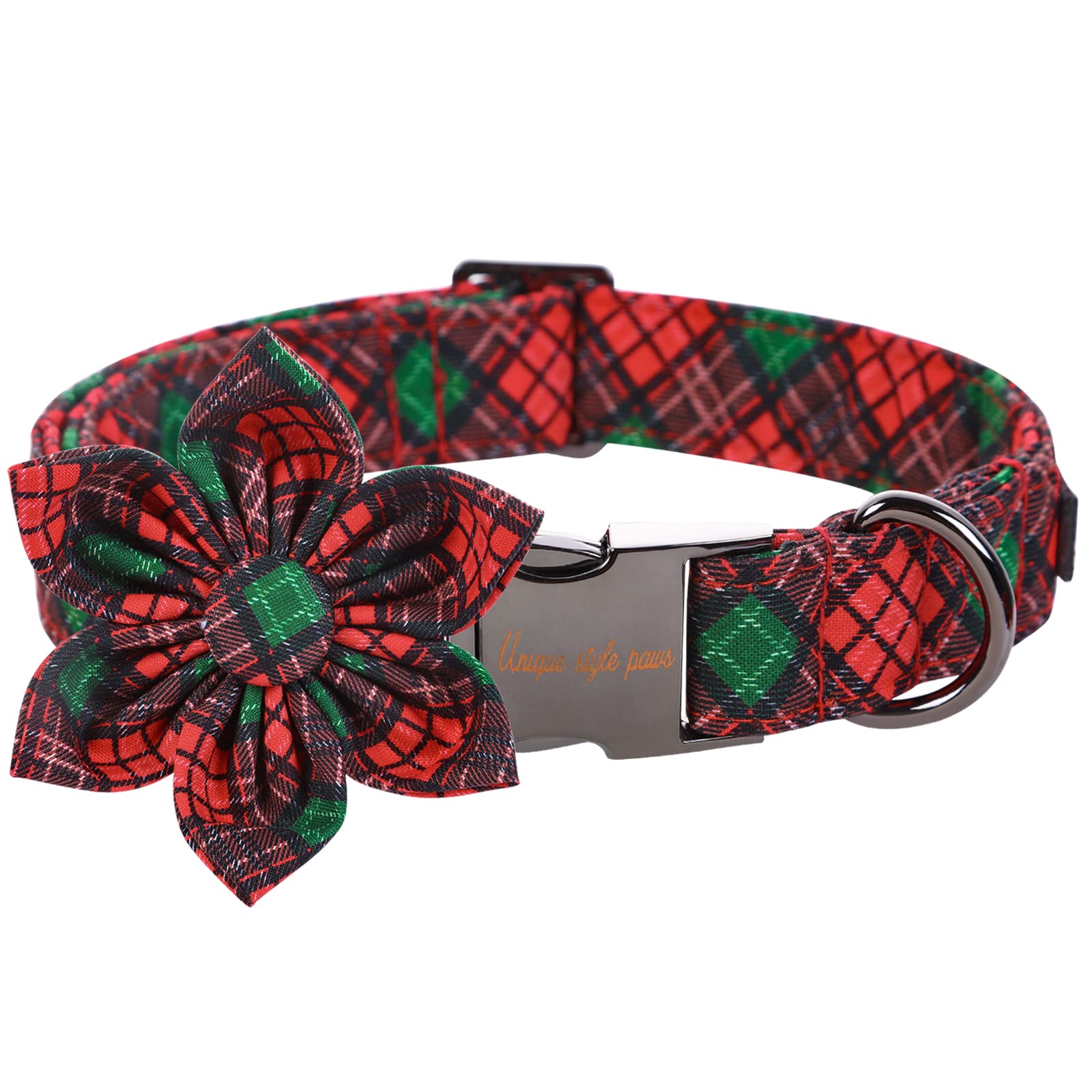 Unique Style Paws Christmas Dog Collar With Flower Tie Red Green Plaid Adjustable Cotton Puppy Collar For Small Medium Large Dogs-M