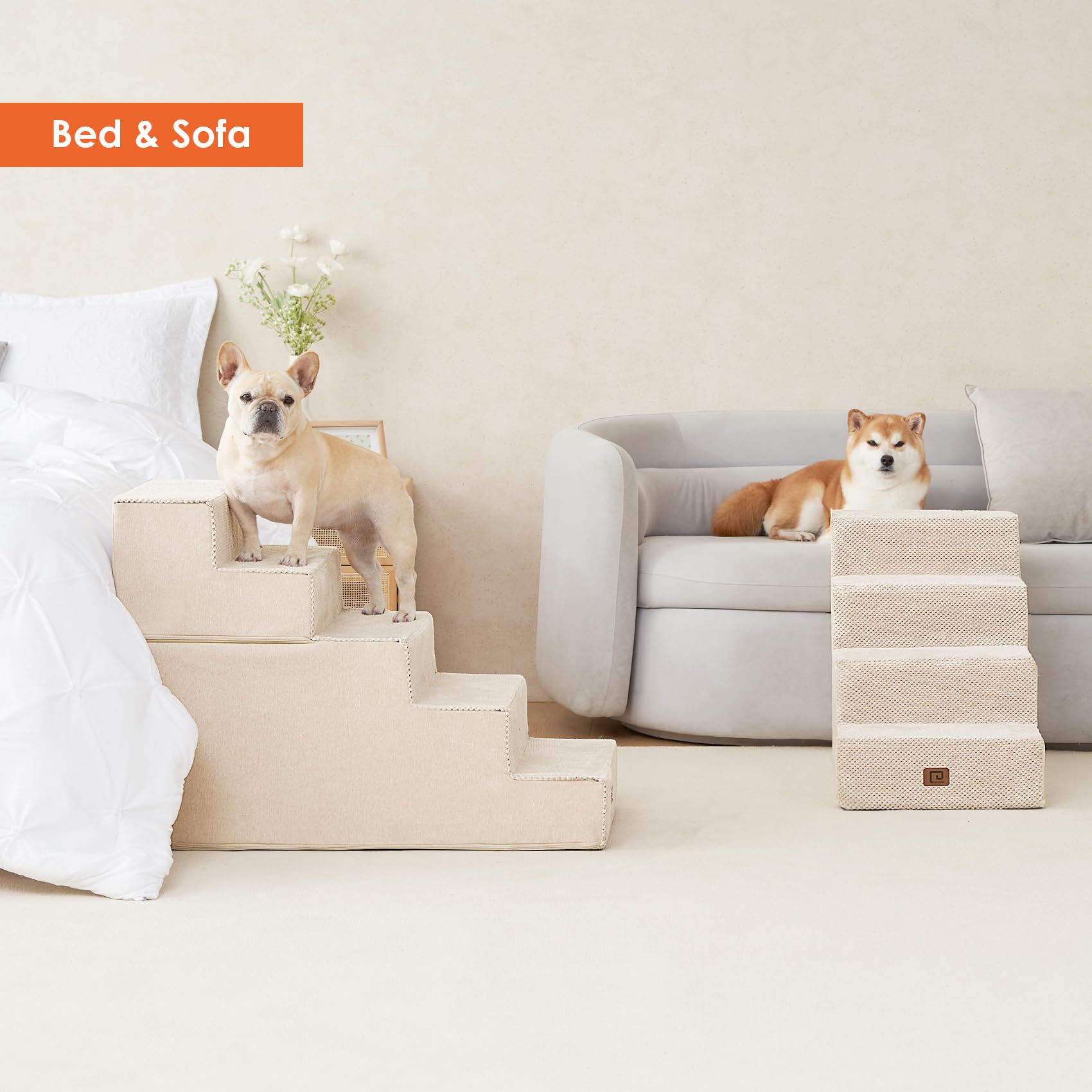 Eheyciga Dog Stairs For High Bed 25”H, 5-Step Extra Wide Dog Steps For Bed, Pet Steps For Small Dogs And Cats, Non-Slip Balanced Dog Indoor Ramp, Beige