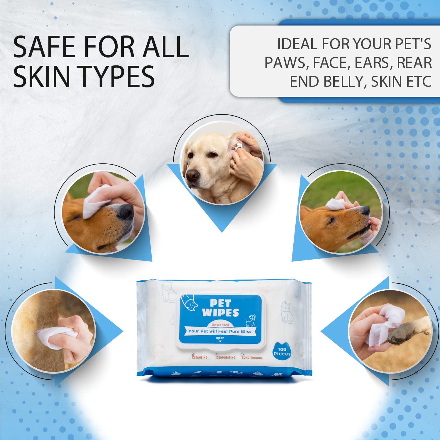 Tetesol Dog Wipes For Pets Cats-100 Count All Purpose Unscented Wet Wipes For Paw Butt Cleaning,Grooming,Alcoholfree,Vitamin E,Ph Balanced