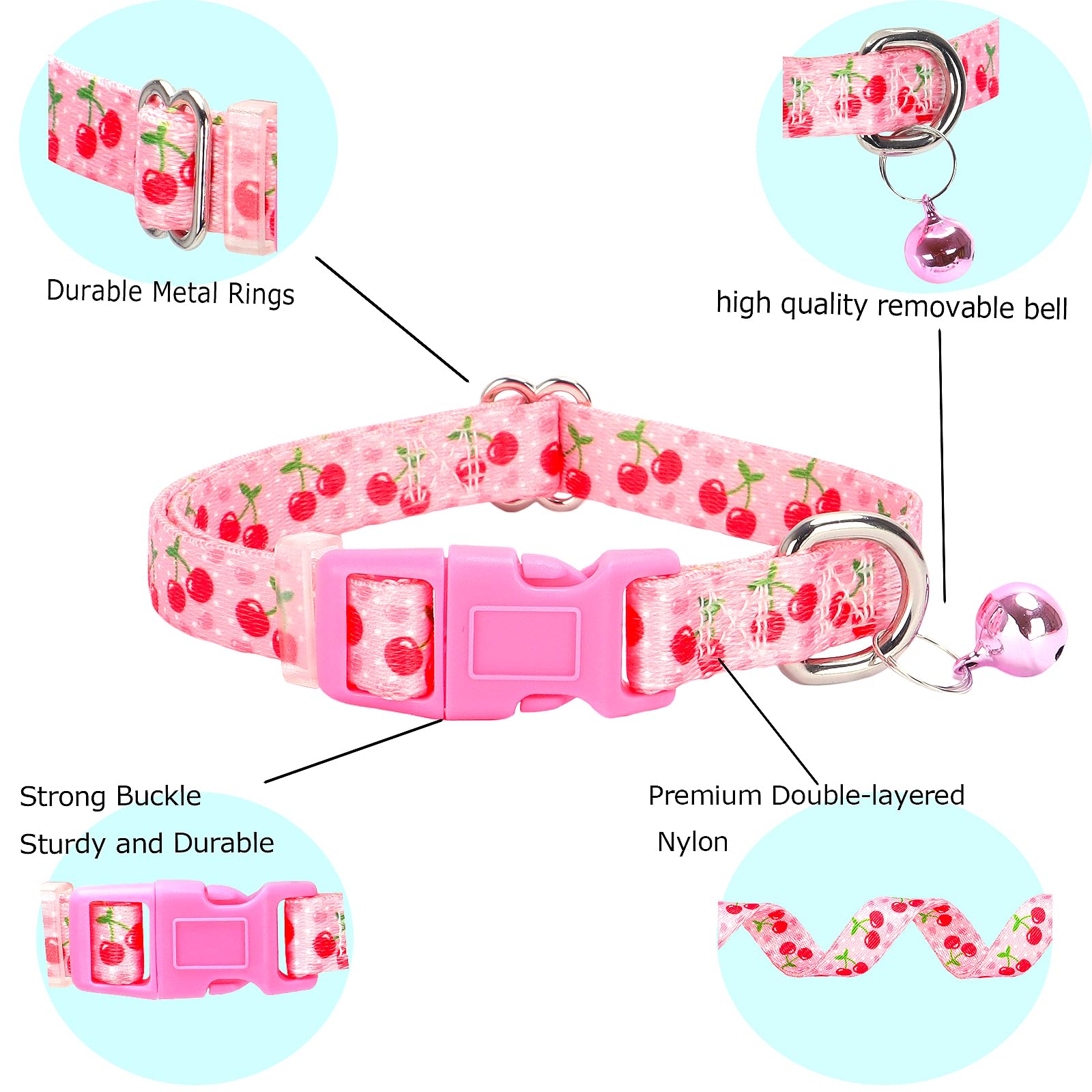 Cute Small Dog Collar With Bell,Pink Cherry Puppy Collar Tiny Cat Collars With Bells For Xs Small Pet Boy And Girl Dogs Kitten L