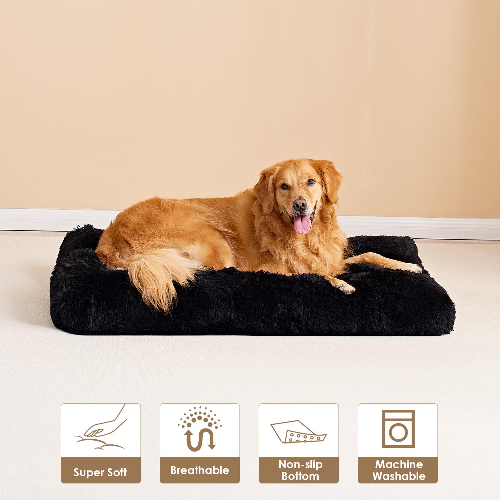 Eheyciga Fluffy Dog Crate Bed For Extra Large Dogs, Plush Faux Fur Dog Crate Pad, Calming Anti Anxiety Xl Dog Bed For Crate, Washable Soft Warm Dog Crate Mat With Non-Slip Bottom, Black