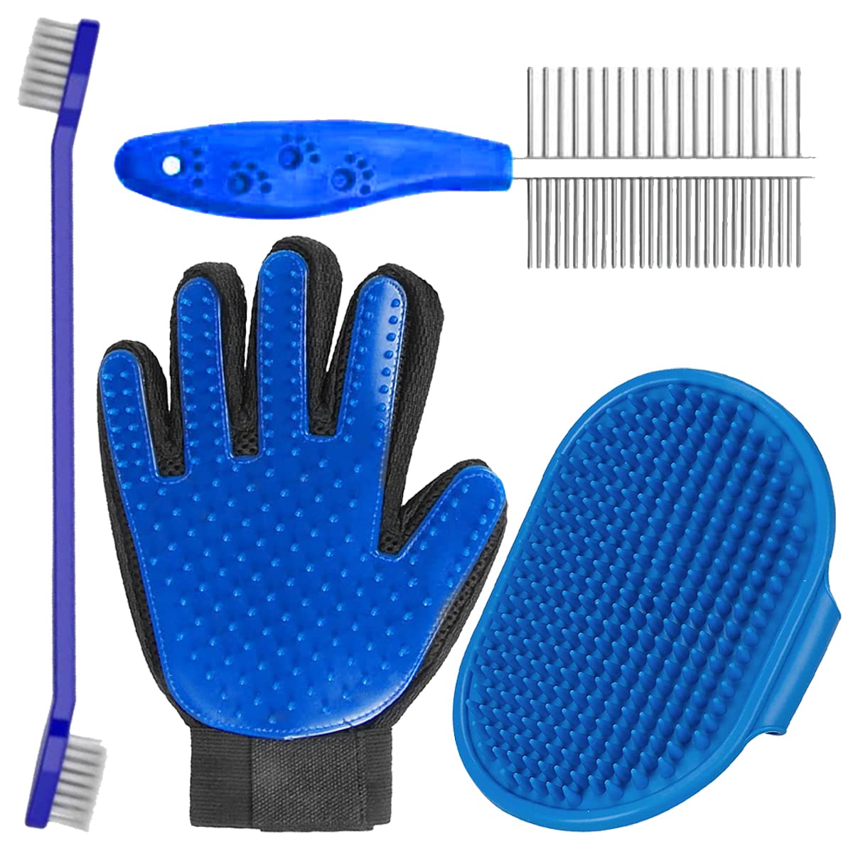 Youhavedeal Dog Grooming Kit Combo  Dog Toothbrush Pet Grooming And Bathing Hand Gloves Small+Large, Double Sided Steel Comb Fo