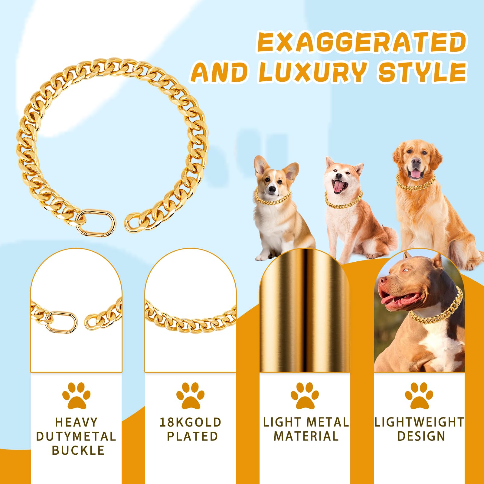 Baobote 19Mm Thick 18K Gold Plated Metal Dog Cuban Link Collar Gold Dog Chain Collar For Dogs(18'' Gold)