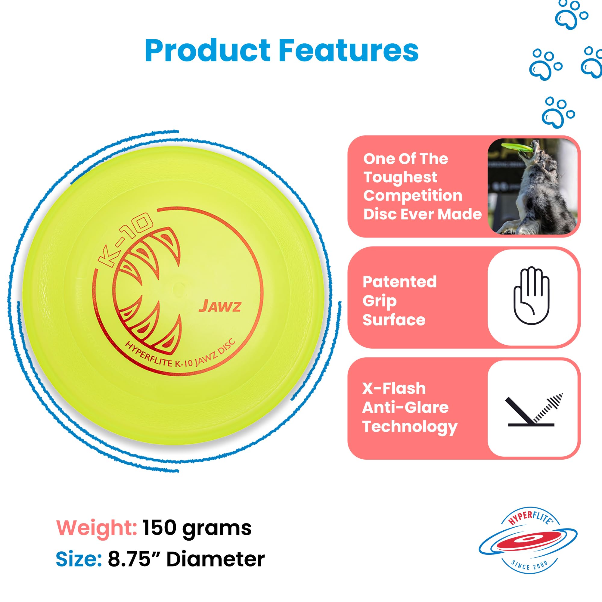 Hyperflite K-10 Jawz Dog Flying Disc  World'S Toughest Canine Competition-Approved Flying Disc  Best Competition Flying Disc Toy