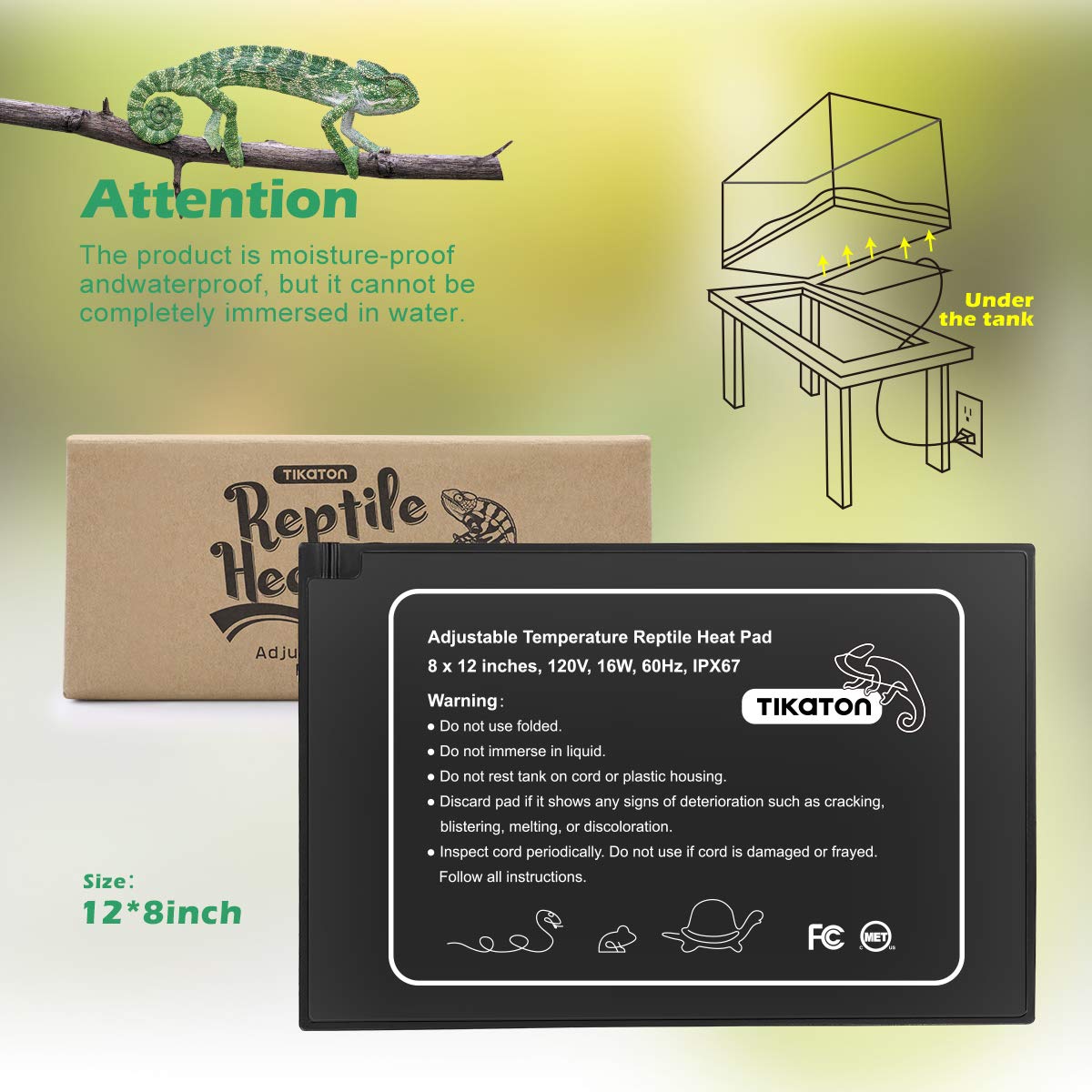 Tikaton Reptile Heat Pad - Adjustable Temperature Under Tank Heater For 10-20Gal/30-40Gal Tank, Terrarium Heat Mat For Turtle/Sn