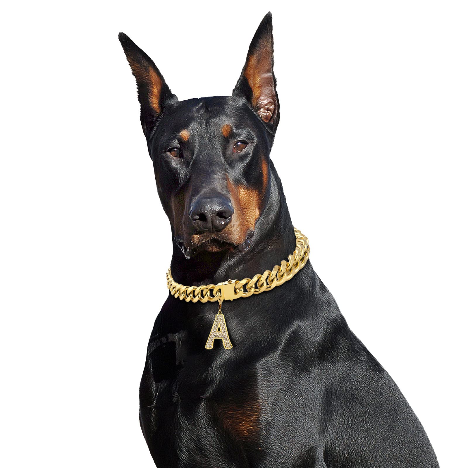 Dopetie Gold Chain Dog Collar Personalized Letter Dog Necklace With Bling Zircons Metal Cuban Link For Medium And Large Dogs Pets Heavy Duty Chew Proof Letter K 16In