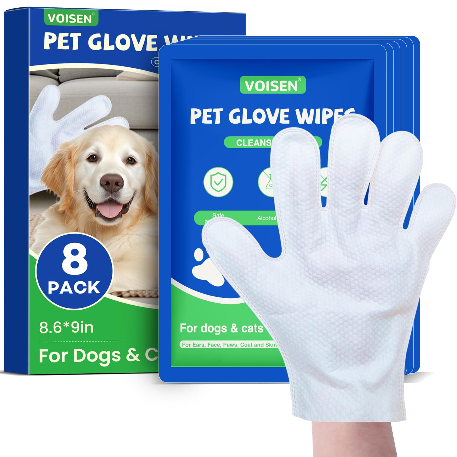 Voisen 8 Pcs Pet Glove Wipes For Dogs And Cats, Cleaning & Deodorizing Bathing Grooming Wipes,Unscented Thick Nourish Fur Glove 