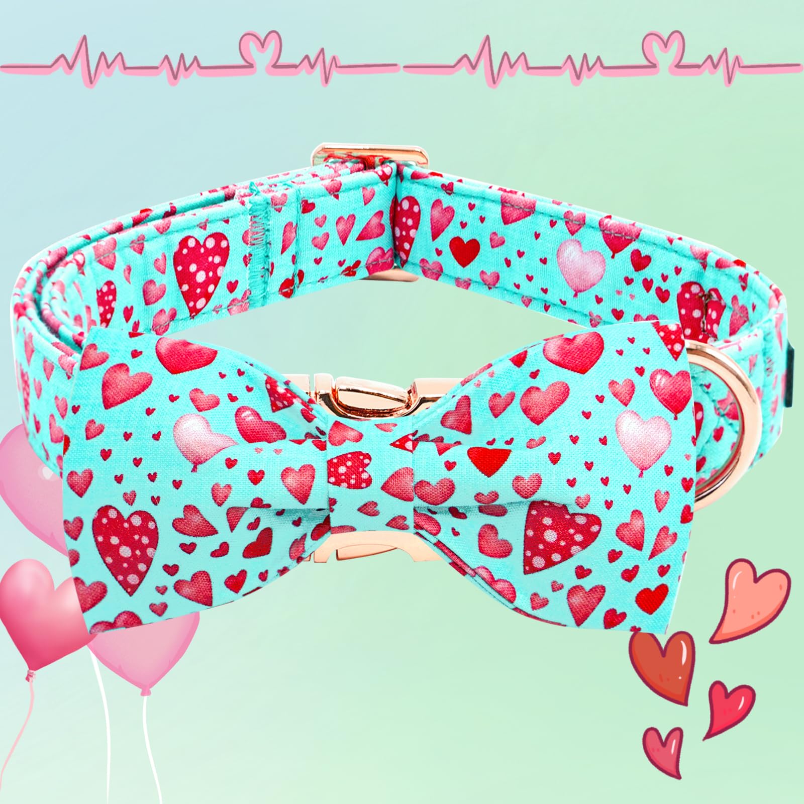 Elegant little tail Valentine's Dog Collar, Cute Pink Heart Dog Collar with Bow Soft Dog Collar Female or Male Adjustable Cotton