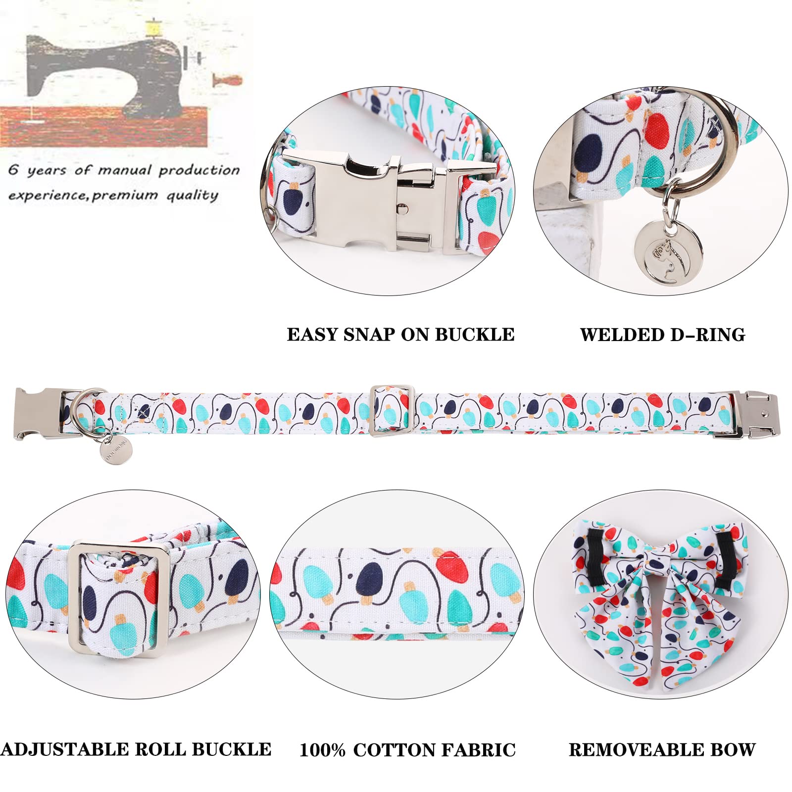 Dogwong Christmas Dog Collar With Sailor Bow, Party Lights Dog Collar Soft Durable Adjustable Cotton Colorful Puppy Collar For S