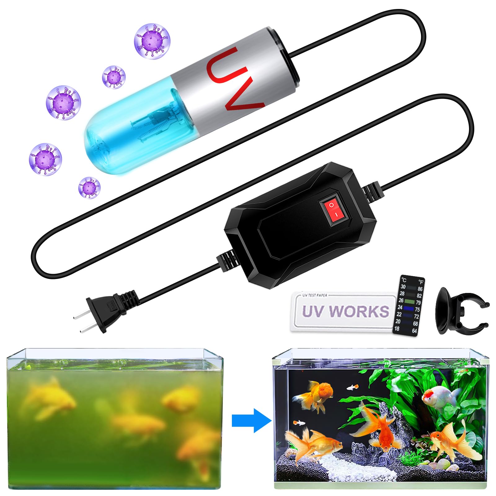 JAHEA Aquarium Clean Light,3 W Mini &13W Submersible Light with UV Test Card,Aquarium Water Clean Green Clear Waterproof Clean L