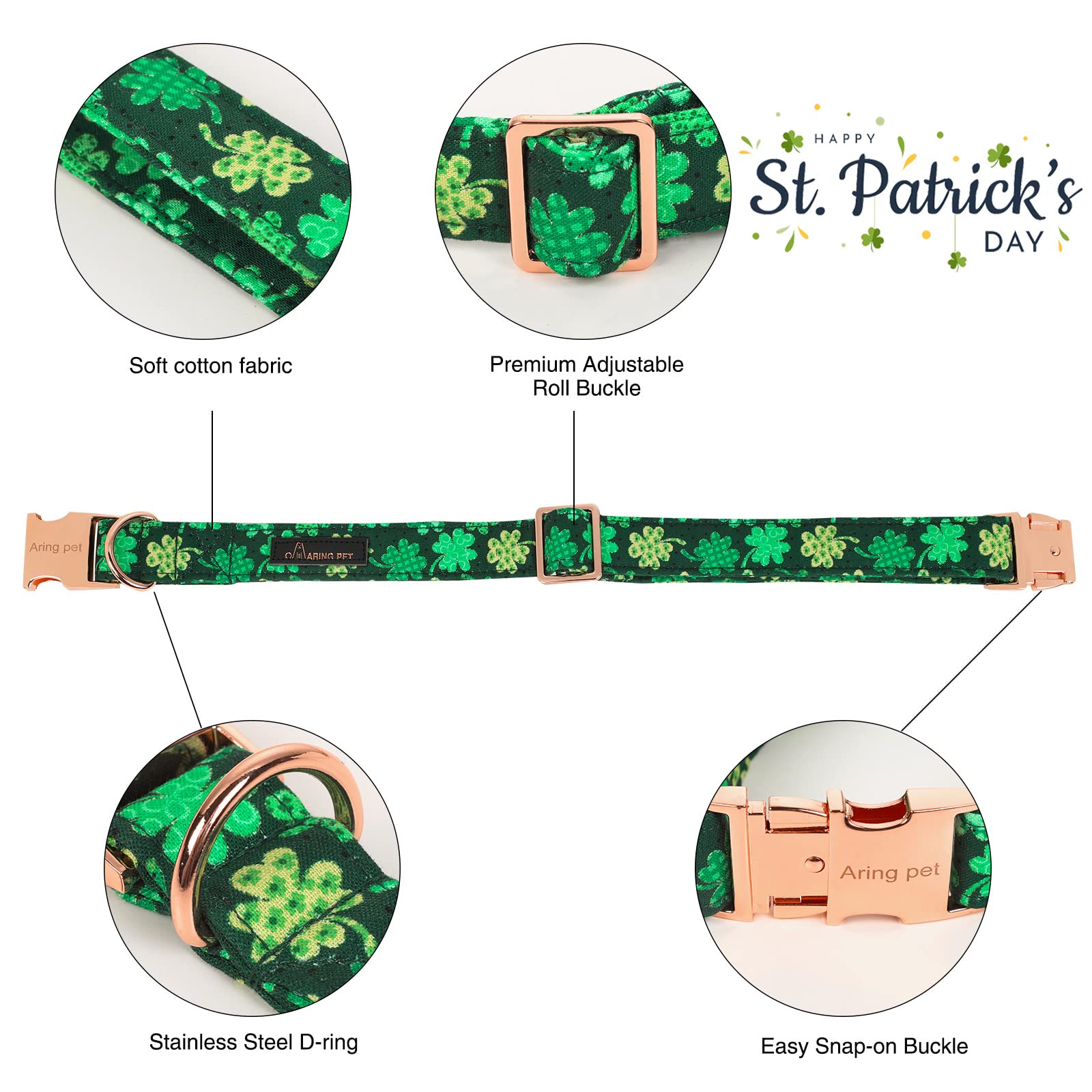 Aring Pet St. Patrick'S Day Dog Collar-Cute Clovers Dog Collar With Bow, Cotton Trefoil Bowtie Dog Collars With Metal Buckle For