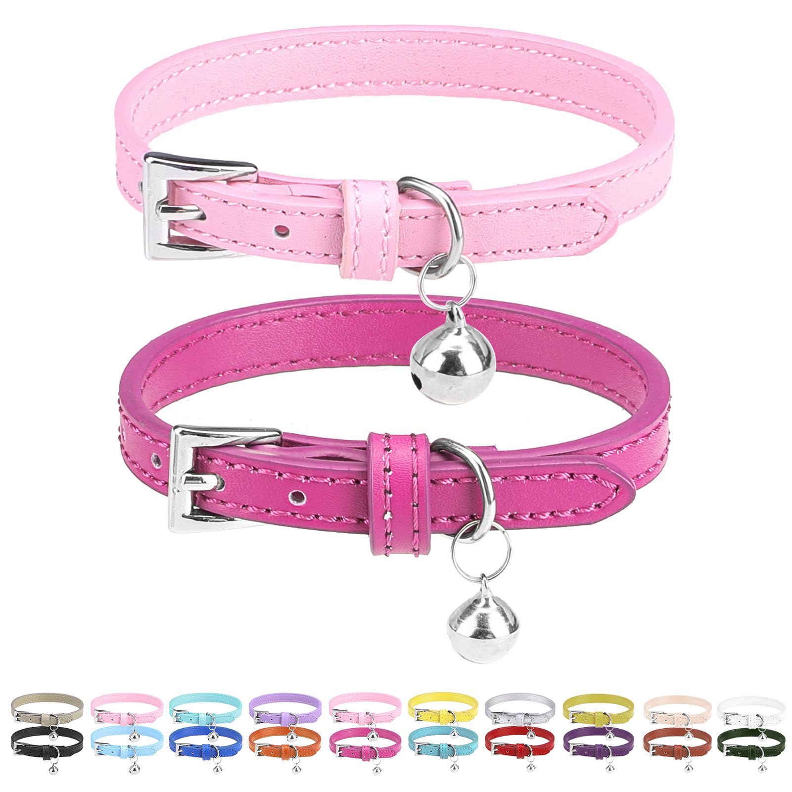 Pupteck 2 Pcs Soft Leather Cat Kitten Collar With Bells Adjustable For Girl Boy Cats Puppy