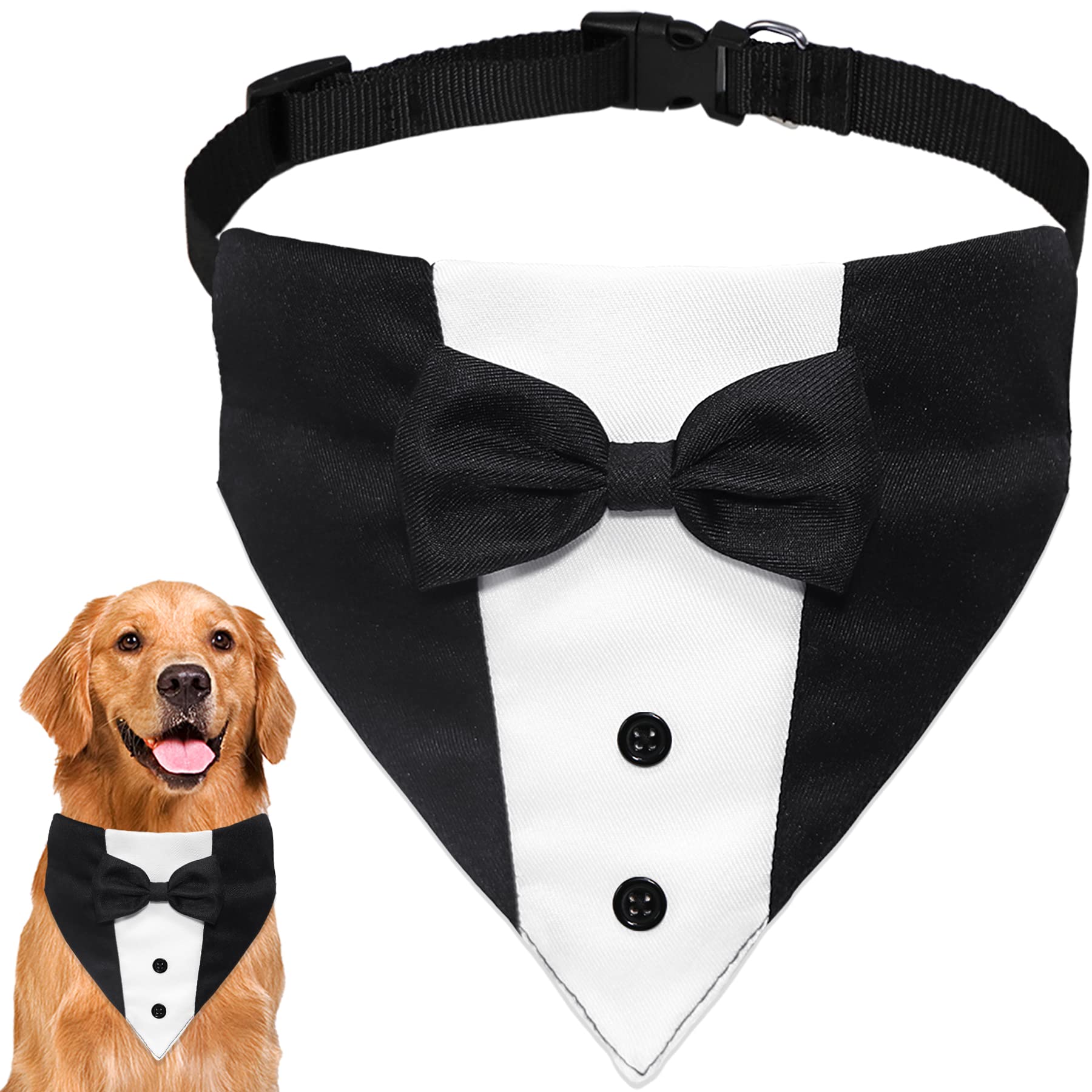 Goyoswa Dog Tuxedo Dog Suit Dog Wedding Bandana Collar With Bow Tie, Adjustable Dog Tux Formal Dog Costumes, Engagement Birthday Tuxedo For Small Medium Large Dogs Pets (Large: Neck 15”-25”)