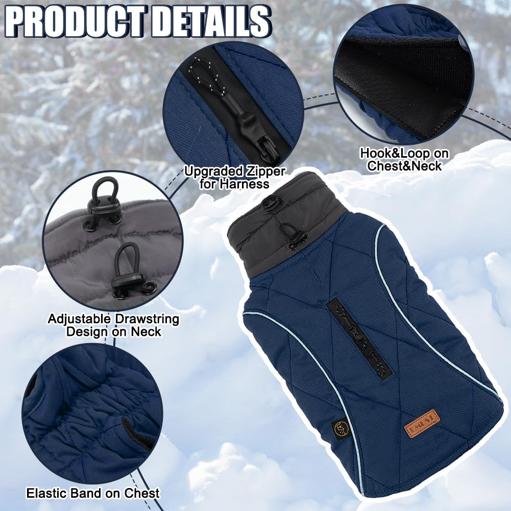 EMUST Dog Jacket - Reflective Polyester Winter Coat for Large Dogs, Dark Blue, Warm for Cold Weather