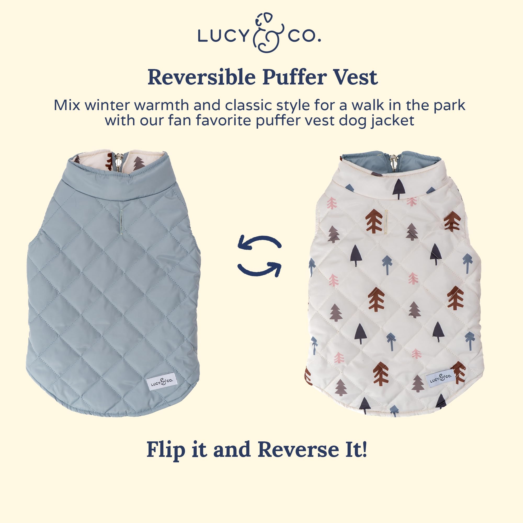 Lucy & Co. The Flurried Forest Reversible Puffer Vest (Pets) For Small Dogs, Medium Dogs And Large Dogs - Large - White & Blue T