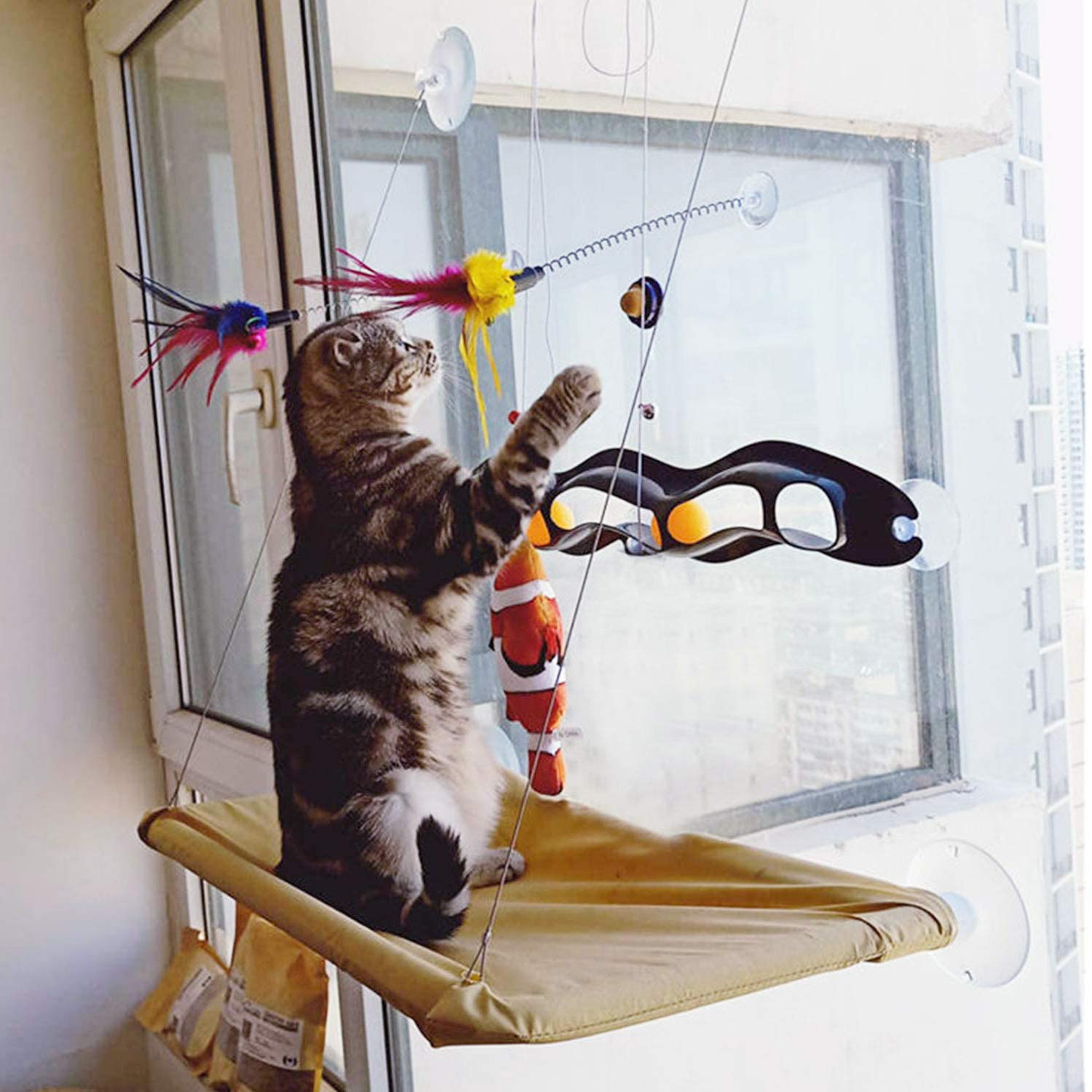 MAIYU Cat Teaser Wand (5 Pack), Metal Wire Spring Cat Toy with Feather and Bell Sucker Cat Teaser Rod Interactive Cat Tease Toys