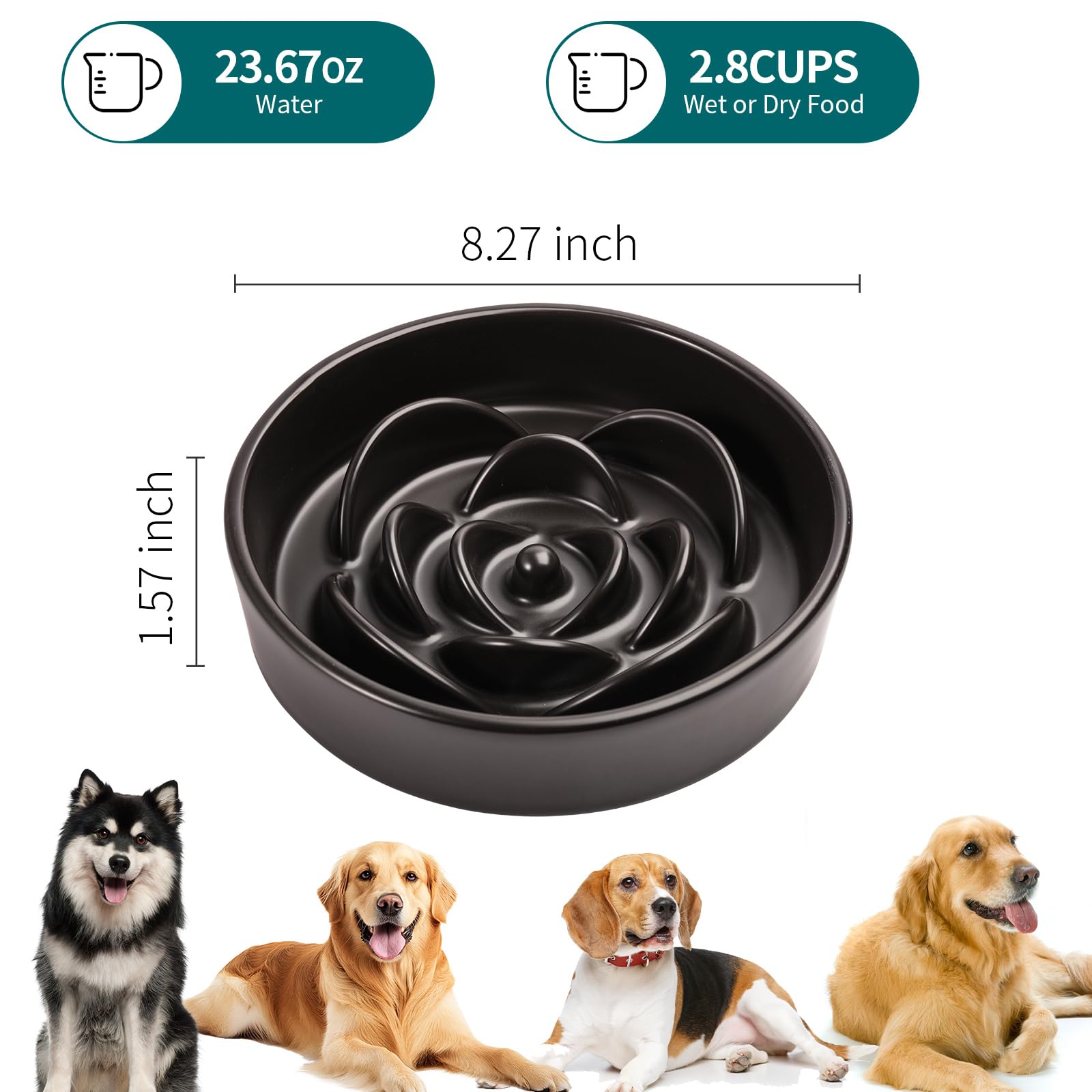 8.26 in Black Ceramic Slow Feeder Dog Bowl for Medium and Large Breed,Pet Feeding Dog Food Water Dish Heavy Weighted,Puppy Bowl