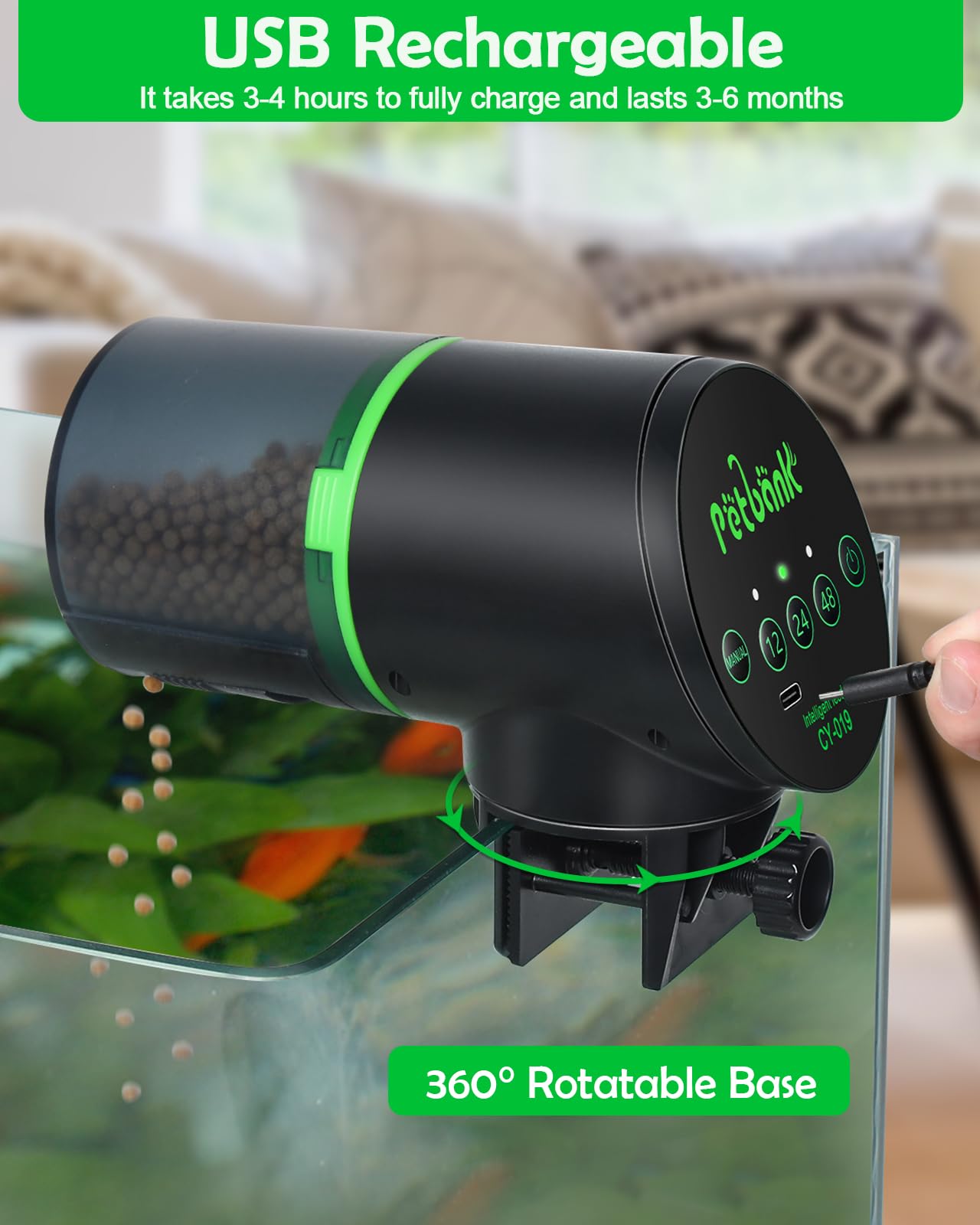 Petbank Automatic Fish Feeder - Rechargeable Fish Food Dispenser for Small & Large Tanks, USB Charger, 12/24/48H Timer, Black, Model CY-009