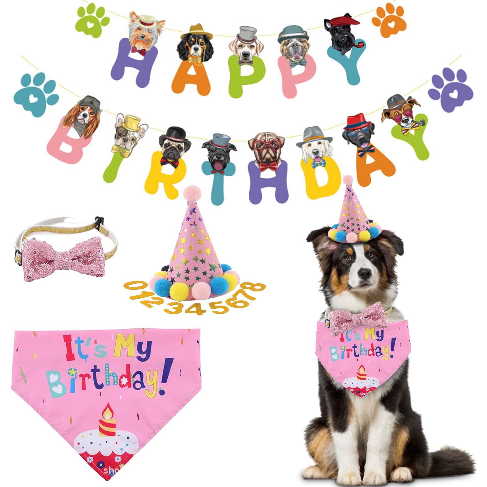 Dog Birthday Hat Bandana Party Decorations, Reusable Dog First Birthday Supplies With Banner Bowtie Numbers Crown, Cute 1St Larg