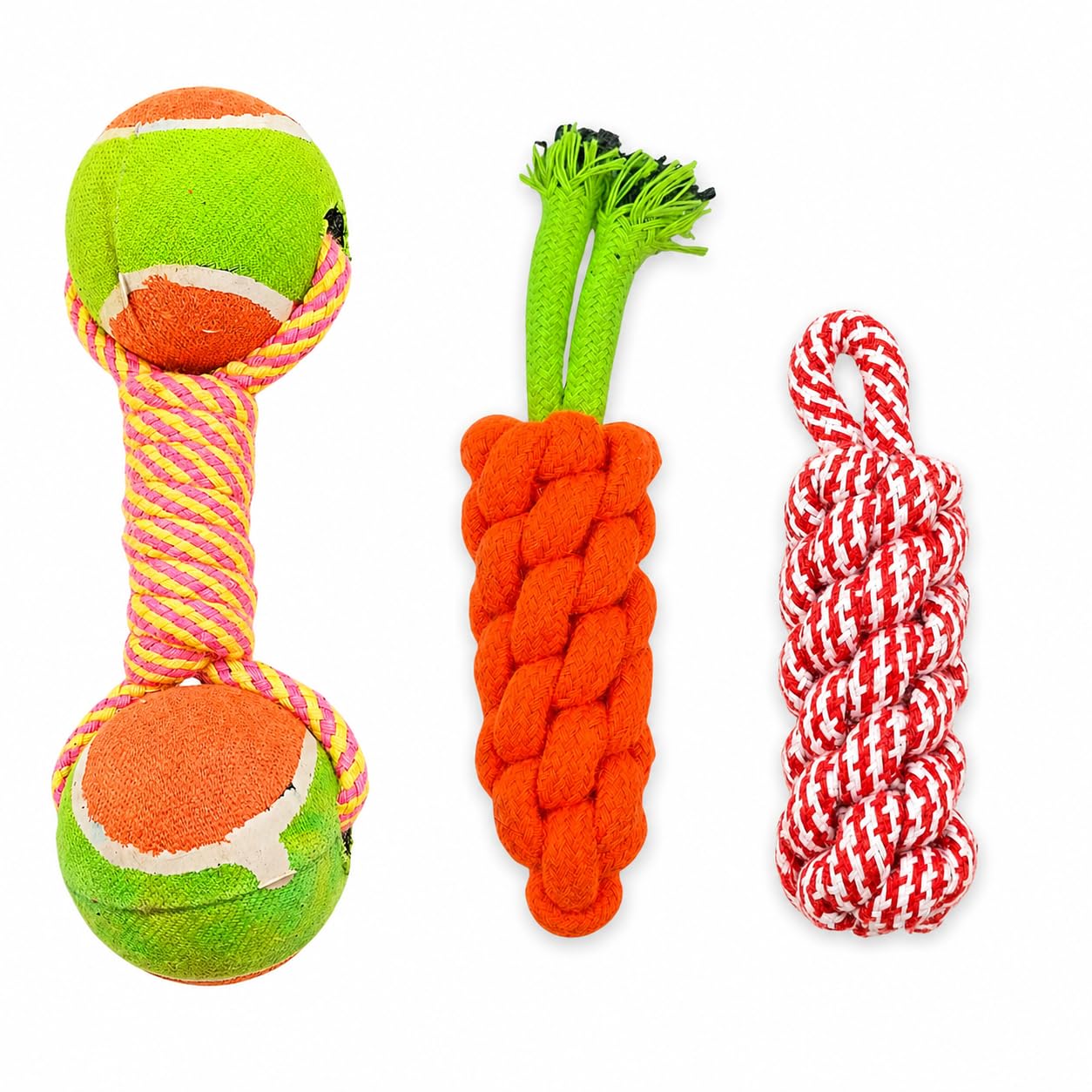 Kittupet Dog Chew Cotton Rope Toys 3In1 Combo For Small Dogs & Puppies, Knotted Rope Toys With Dual Tennis Ball, Carrot & Corn