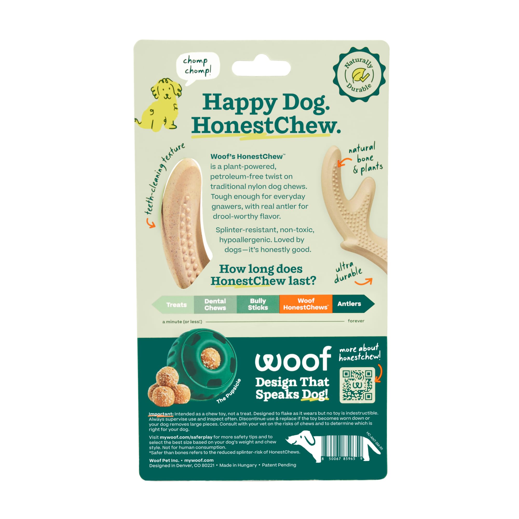 WOOF HonestChew Dog Toy Antler - Durable Dog Chews - Made with Natural, Plant-Based Ingredients - Splinter-Resistant - Safer Tha
