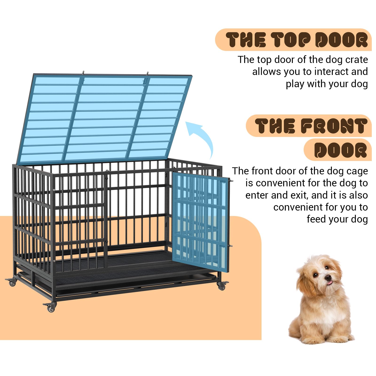 Heavy Duty Dog Crate, 48.5 Inch Indoor Dog Crate with Double Door, 360 Lockable Wheels and Removable Tray, Easy to Assembly,for