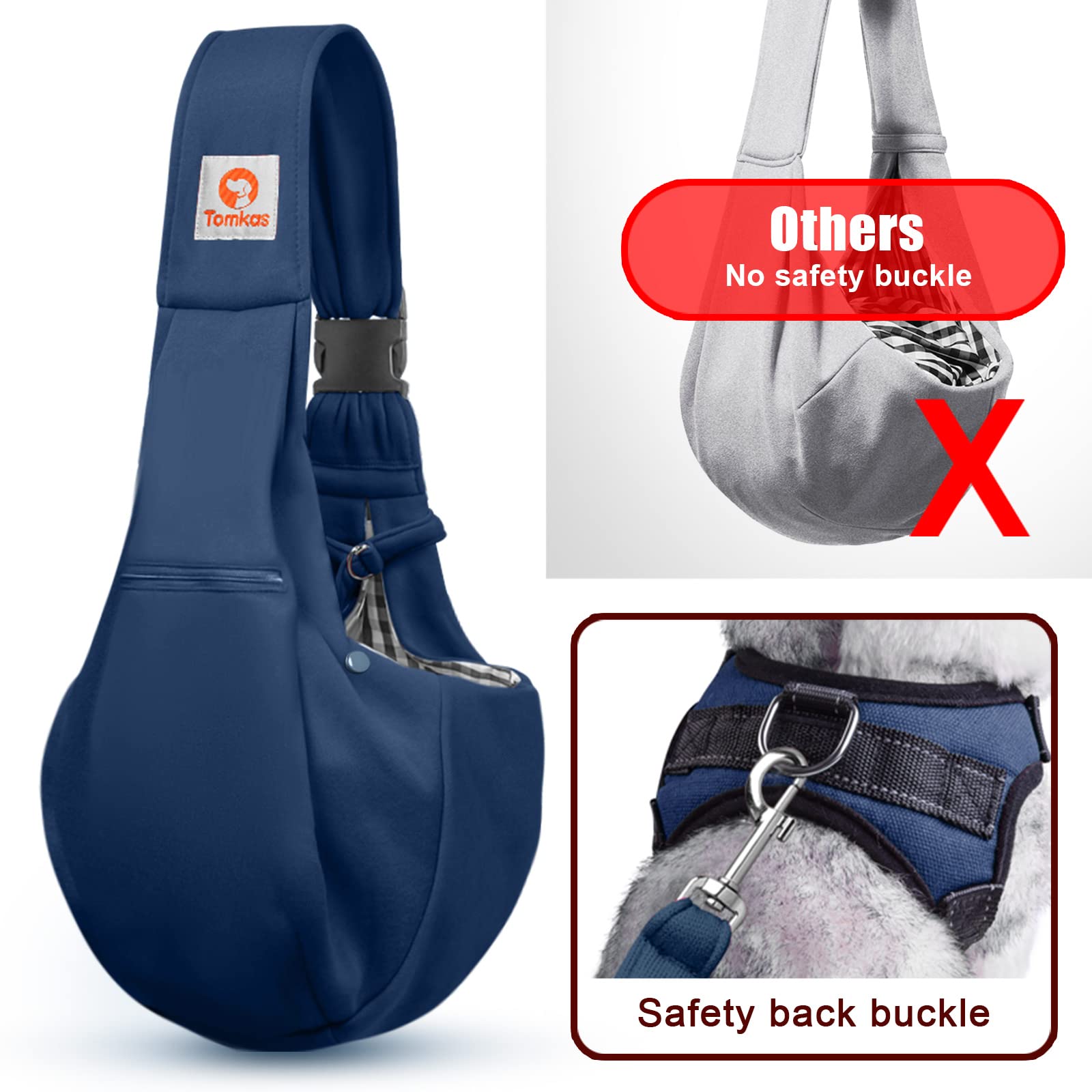 Tomkas Small Dog Sling Carrier - Zipper Pocket & Adjustable Strap & Zip Pocket - For 3-10 Lbs Pets(Dark Blue)