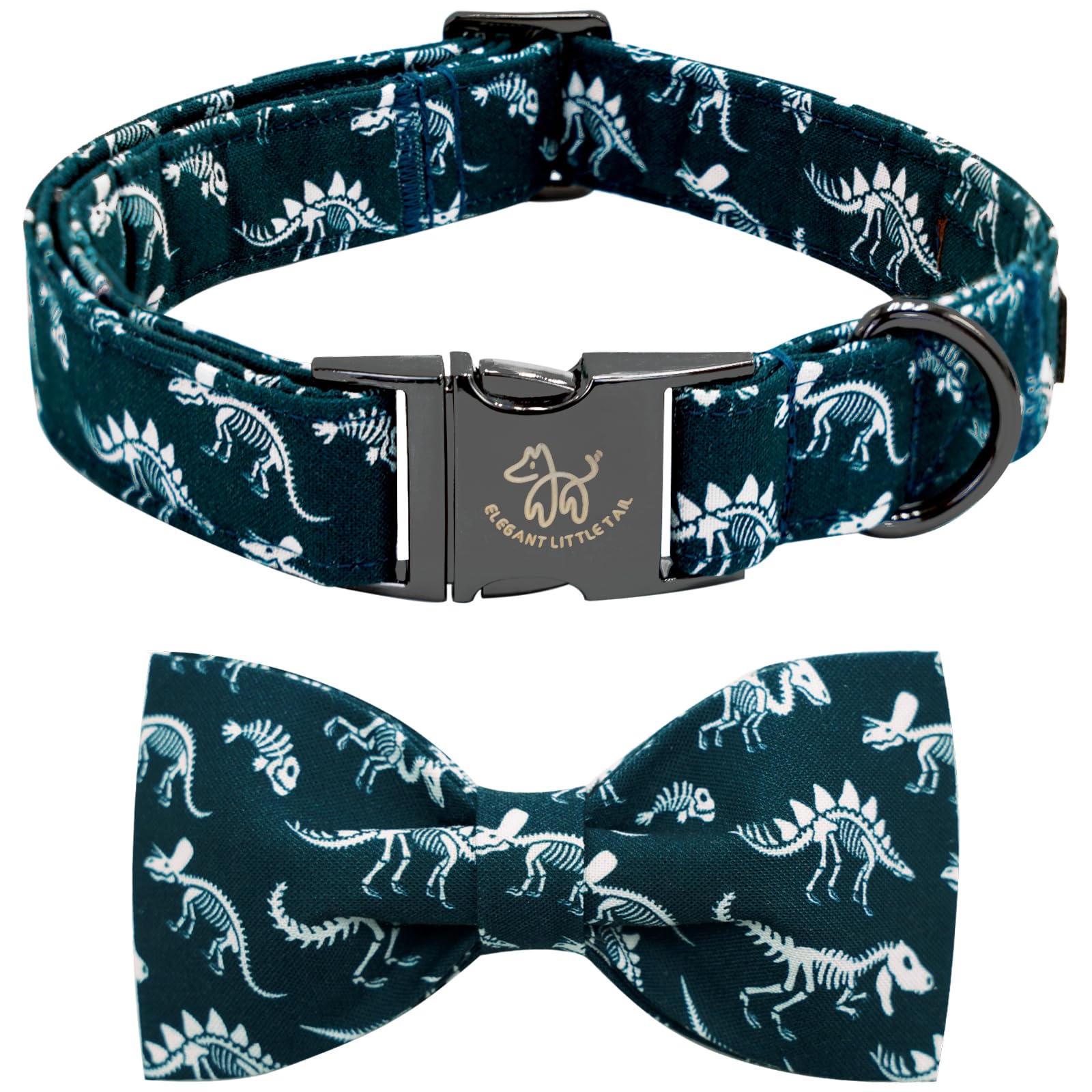 Elegant Little Tail Dog Collar, Dinosaurs Print Pet Collars With Bow Soft Cutton Boy Puppy Gift Adjustable Blue Bowtie Dog Colla