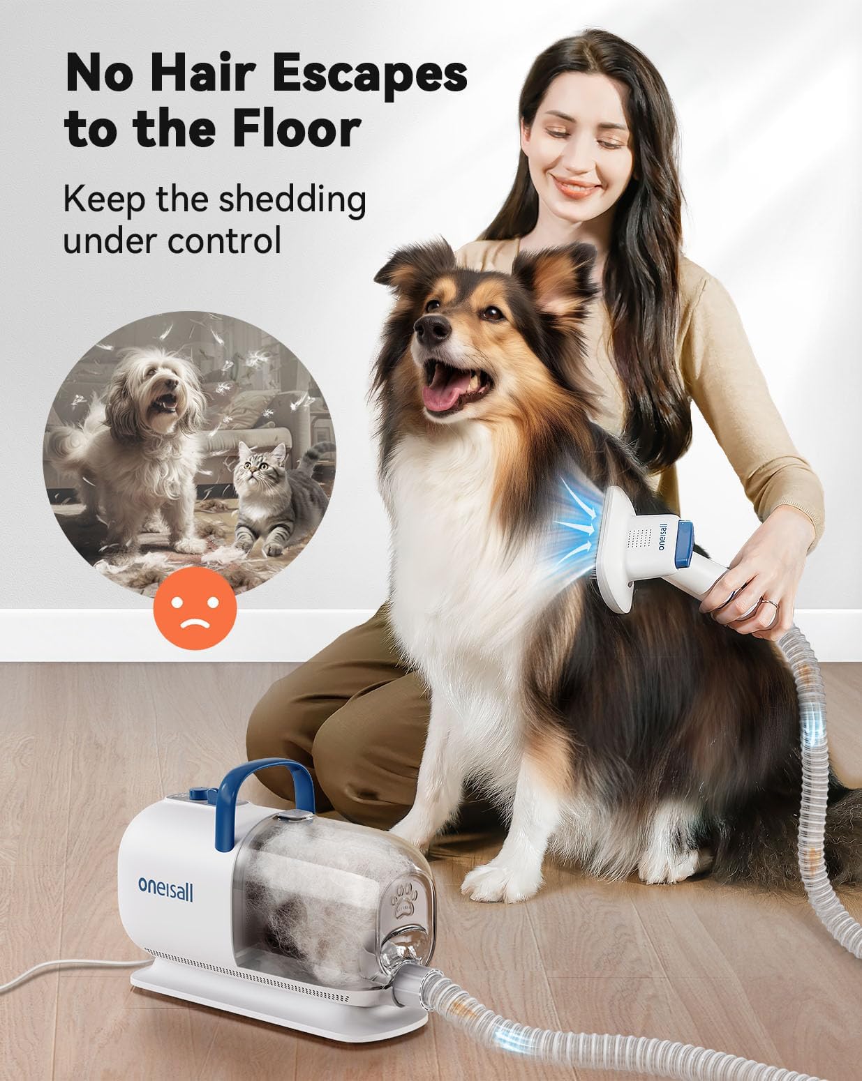 Oneisall Dog Vacuum & Dryer For Shedding Grooming, 8 In 1 Dog Grooming Kit With Metal Blades Pet Clippers, Adjustable Speed And Temperature Control Dog Blower