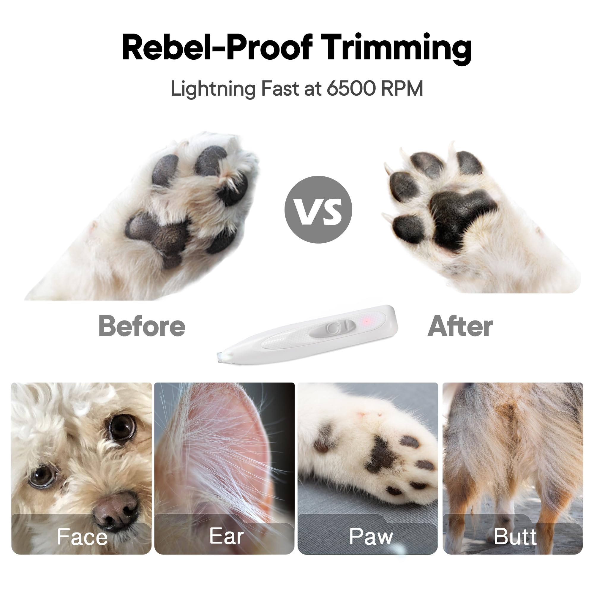 FURBONA Dog Paw Trimmer - LED Light, Rechargeable, Low Noise Grooming Clippers for Small Dogs & Cats - White Model FB-PT01WH-US