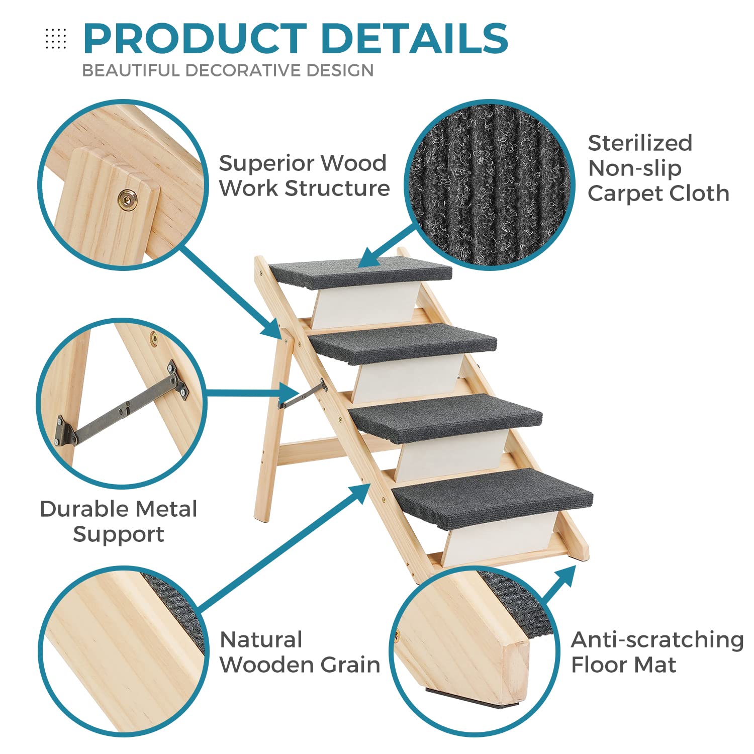 Sweetbin Wood Pet Stairs/Pet Steps For All Dogs And Cats - 2-In-1 Foldable Carpeted 3 Tiers Dog Stairs & Ramp Perfect For Beds And Cars - Portable Dog/Cat Ladder Up To 150 Pounds