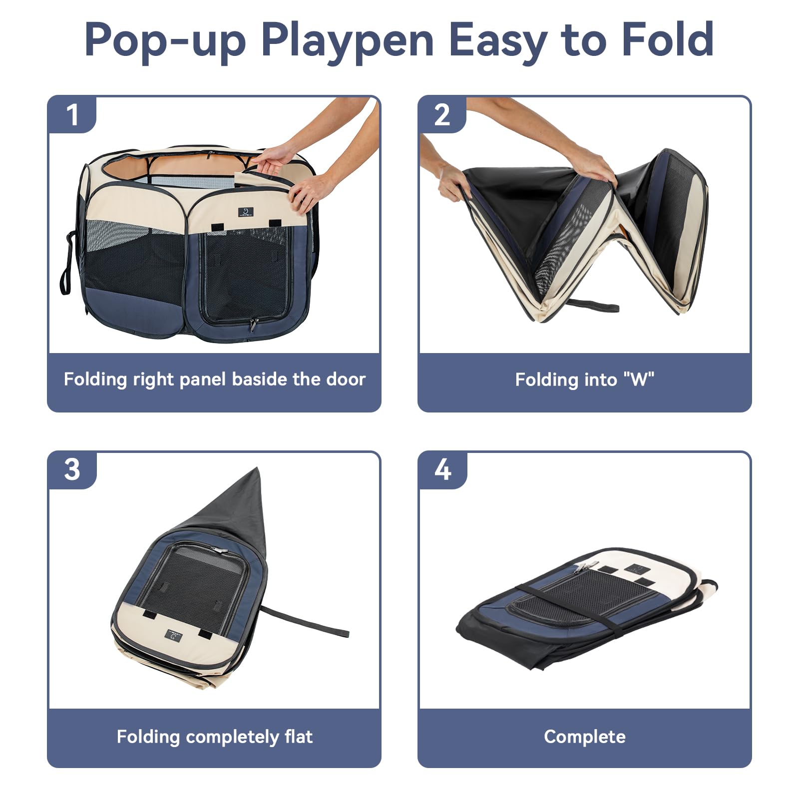 A 4 Pet Portable Dog Playpen, Medium 39.5"x39.5"x20", Blue/Beige, Removable Zipper, Collapsible Bowl, Indoor/Outdoor Use