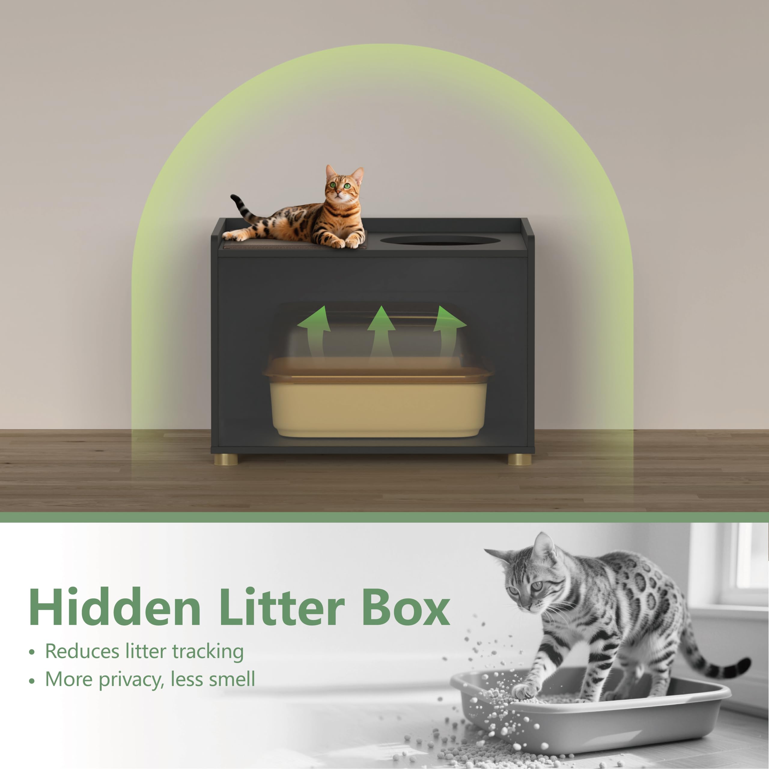 amunrbrek Top Entry Litter Box Enclosure, Modern Furniture, Engineered Wood, 26.8"L x 19"W x 19.2"H, Black, Model A105