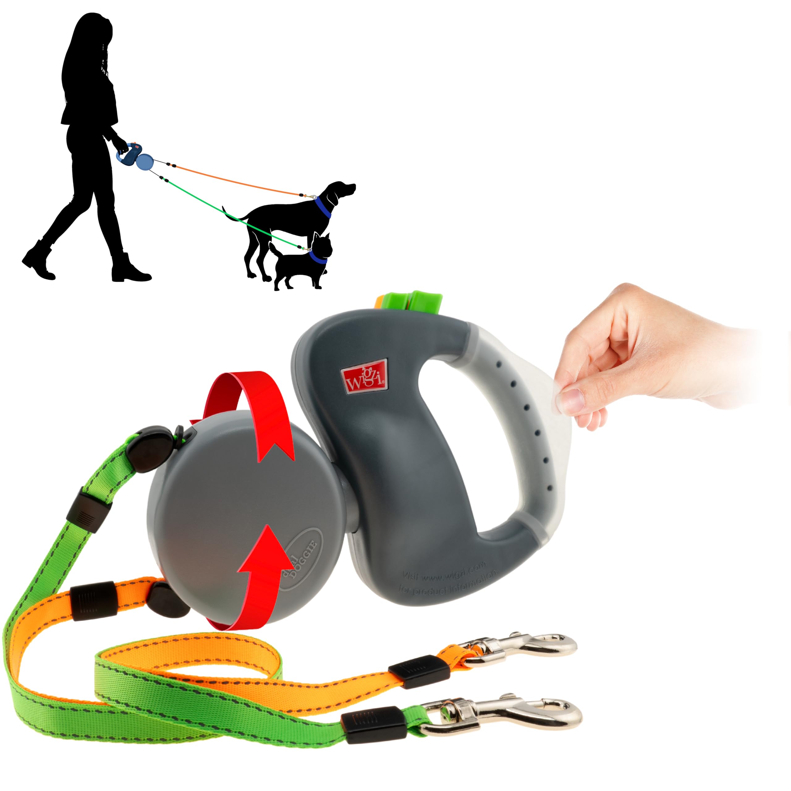 Wigzi - 2025 Edition - 2 Dog Retractable Leash  Featuring Our Incredible Silicone Gel Handle - No Tangle Engineering. Each Dog 50 Lb Up To 10 Ft Distance. Lock And Unlock Easily. Reflective Webbing.