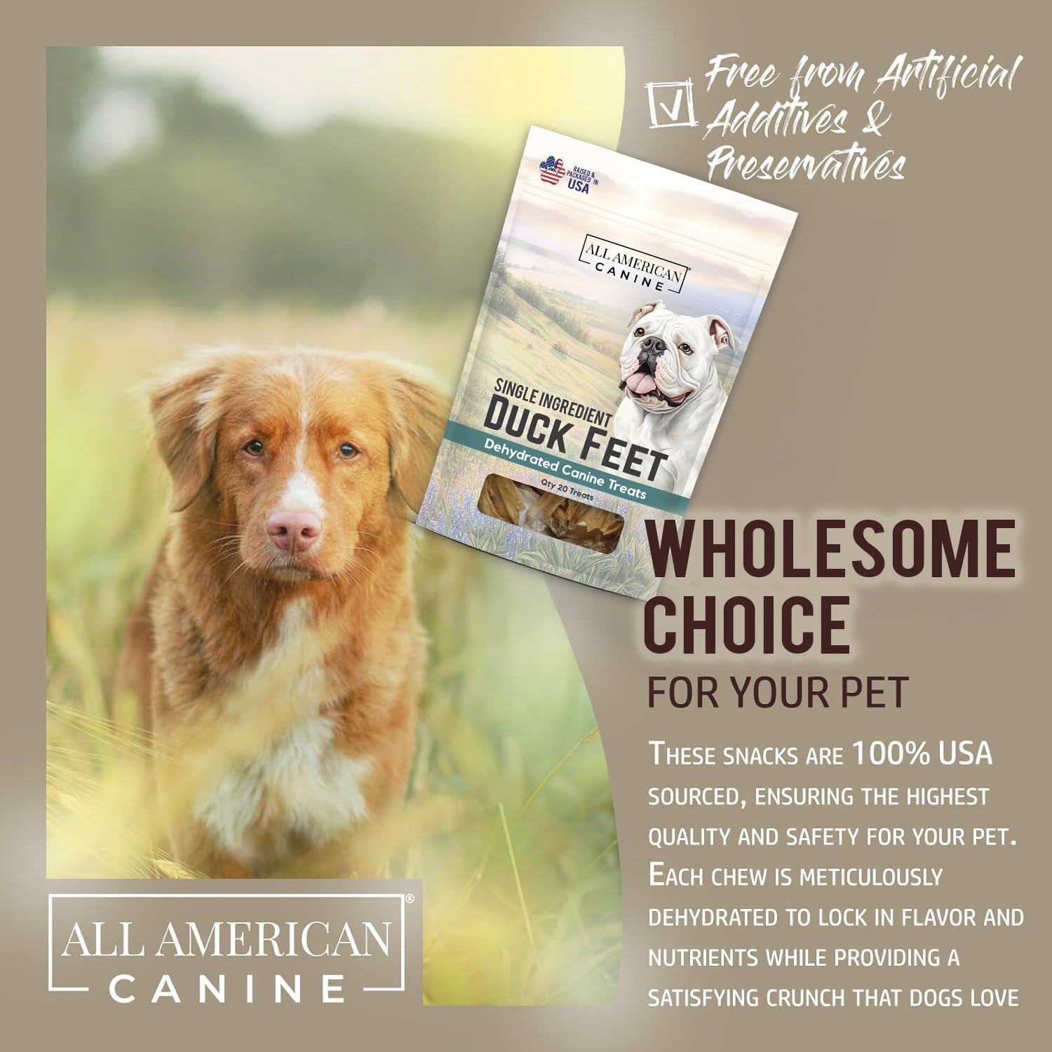All American Canine Natural Duck Feet Dog Treats, 20 Count - Dehydrated, Low-Fat, High-Protein Chew for Joint Support & Dental Health